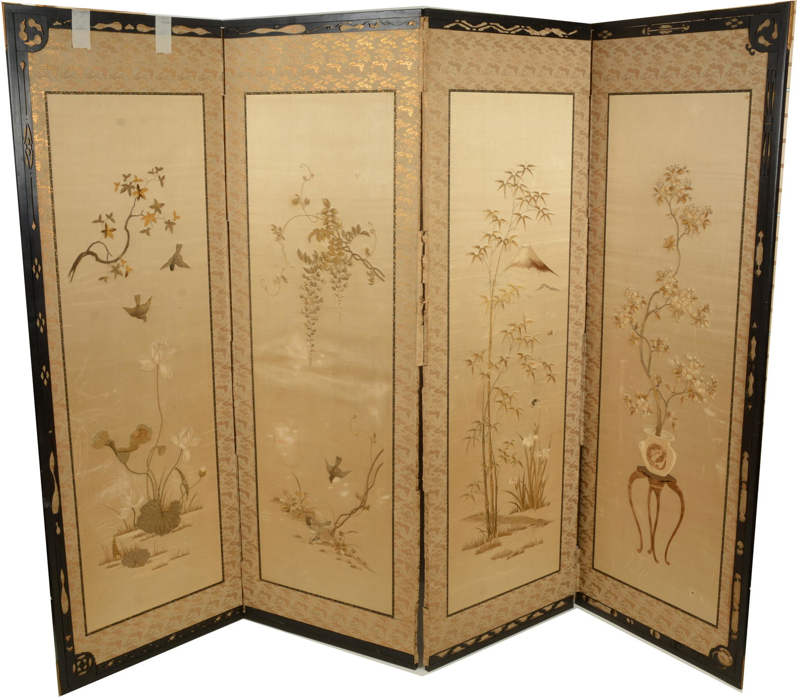 Japanese silk embroidered folding screen panels. Early (1 of 9)
