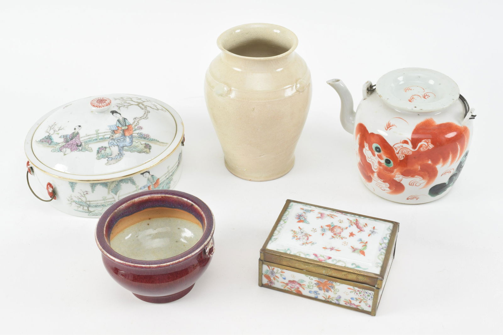 Chinese porcelain including Fu Dog tea pot, brass edged (1 of 16)