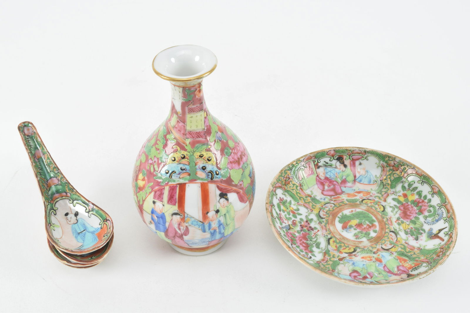 Rose medallion vase, dish, and spoons. Vade 3" x 5.5". (1 of 9)