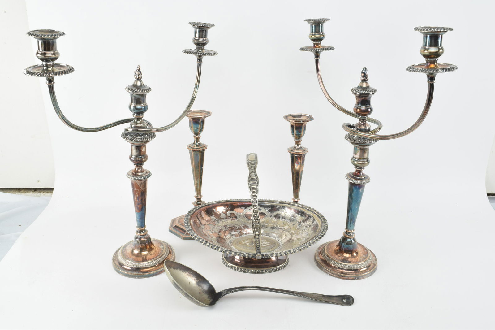 Pair silver plate candlesticks with handled serving (1 of 6)