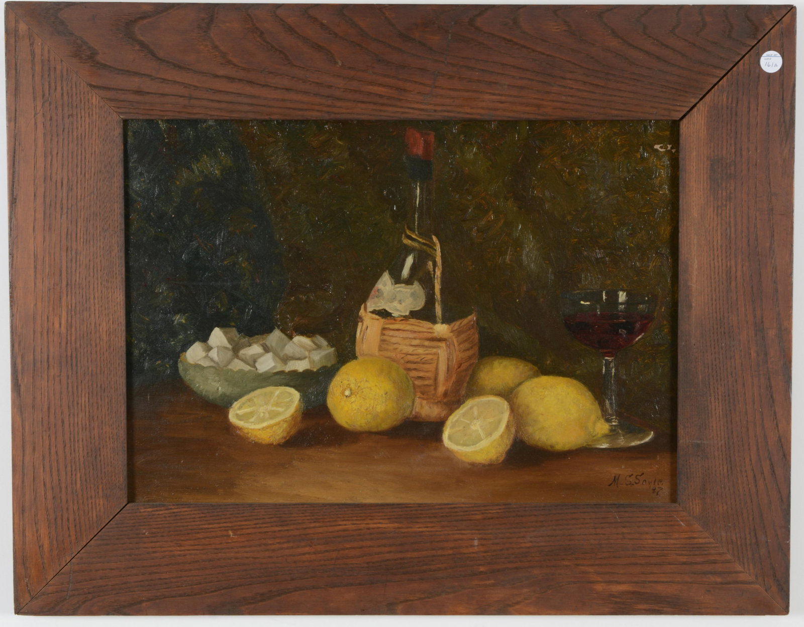 M. S. Soule. Still life with lemons and wine.: M. S. Soule. Still life with lemons and wine. Oil on canvas. Signed lower right. Dated '87. Framed in flat oak frame. Image: 14 x 20in. Overall: 22 x 27.5in.