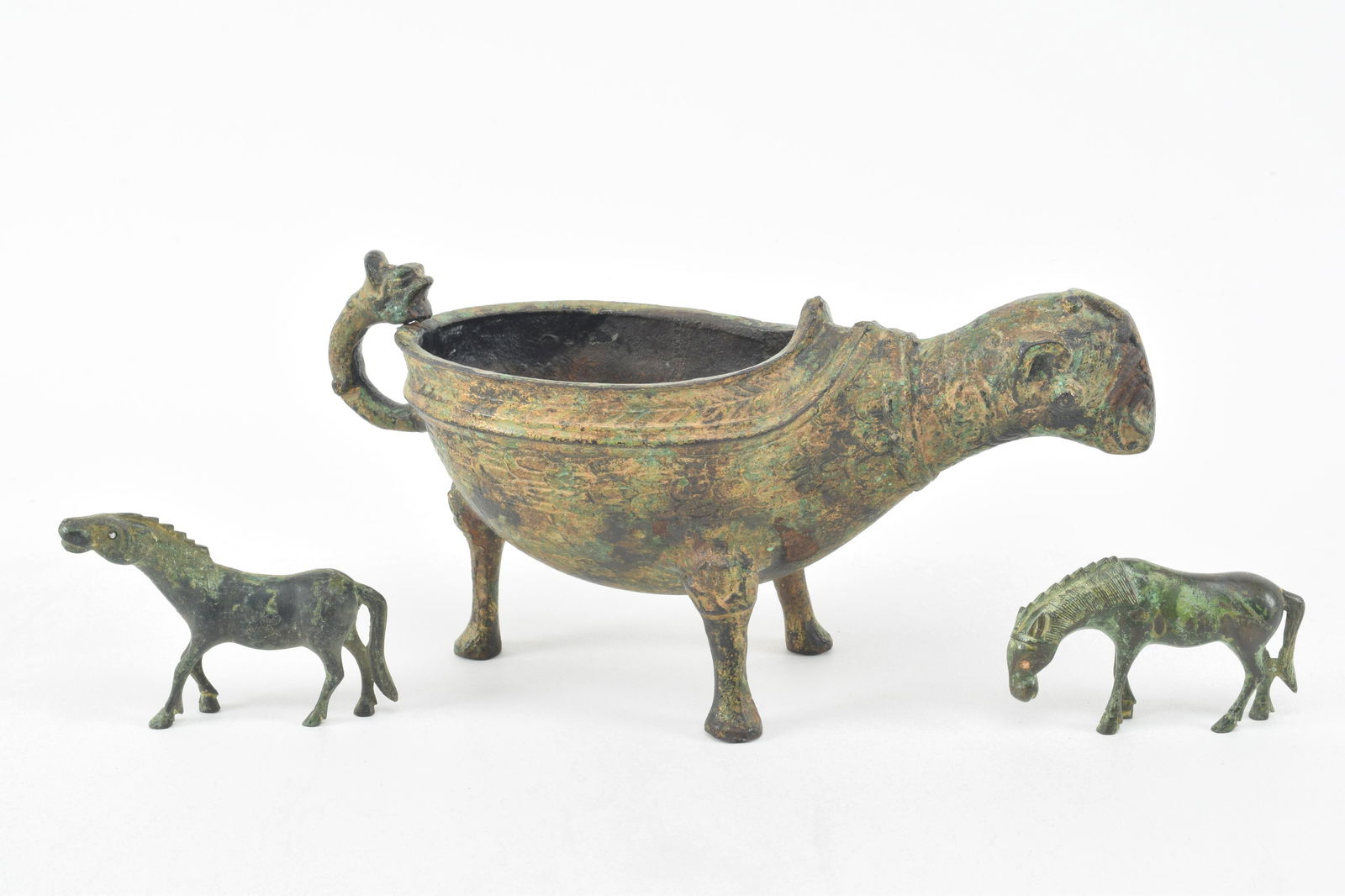 3 Asian bronzes. Tripod vessel with animal form head (1 of 10)