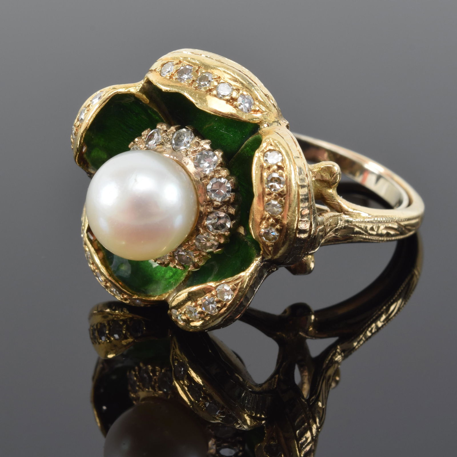 Gold, diamond, and solitaire pearl enameled floral (1 of 7)