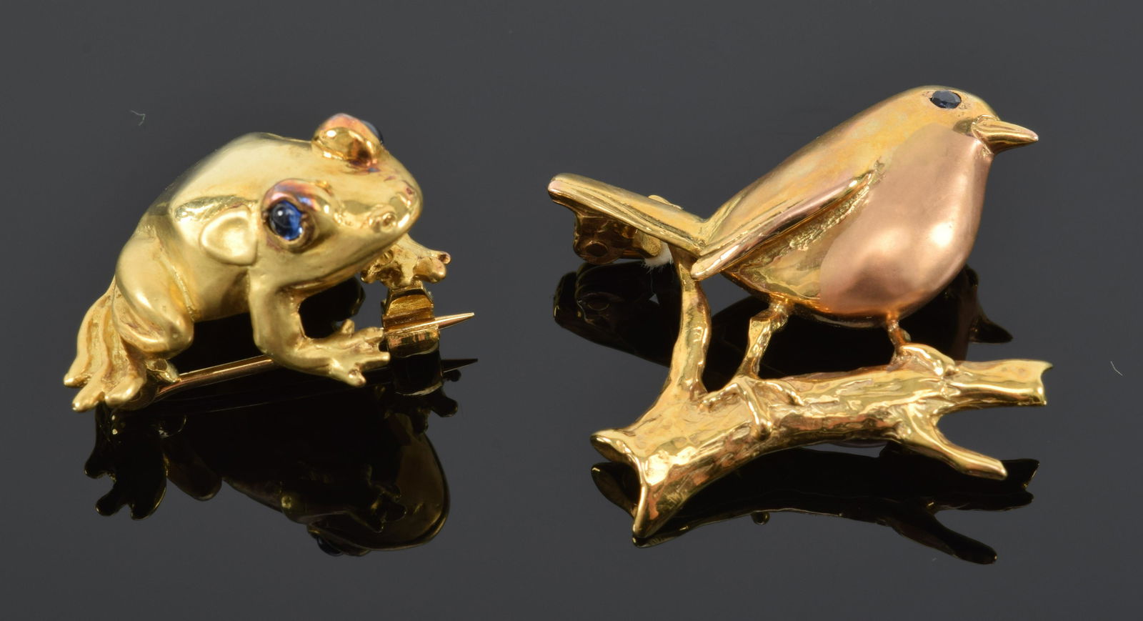 (2) Gold pins, Harriet Glen, 18K frog, and 9K bird on (1 of 10)