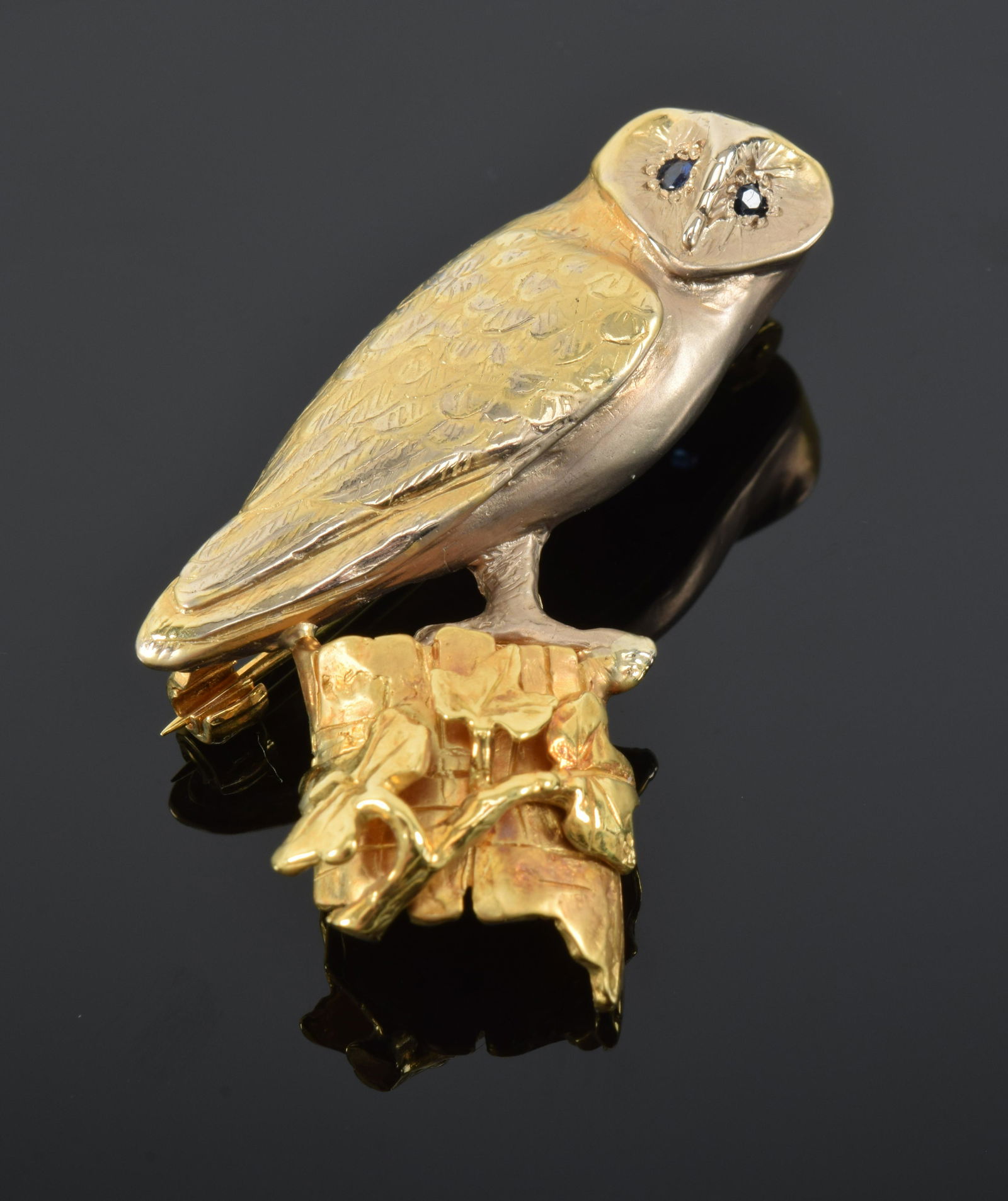 18K gold Barn Owl pin, sapphire eyes, perched on a (1 of 8)