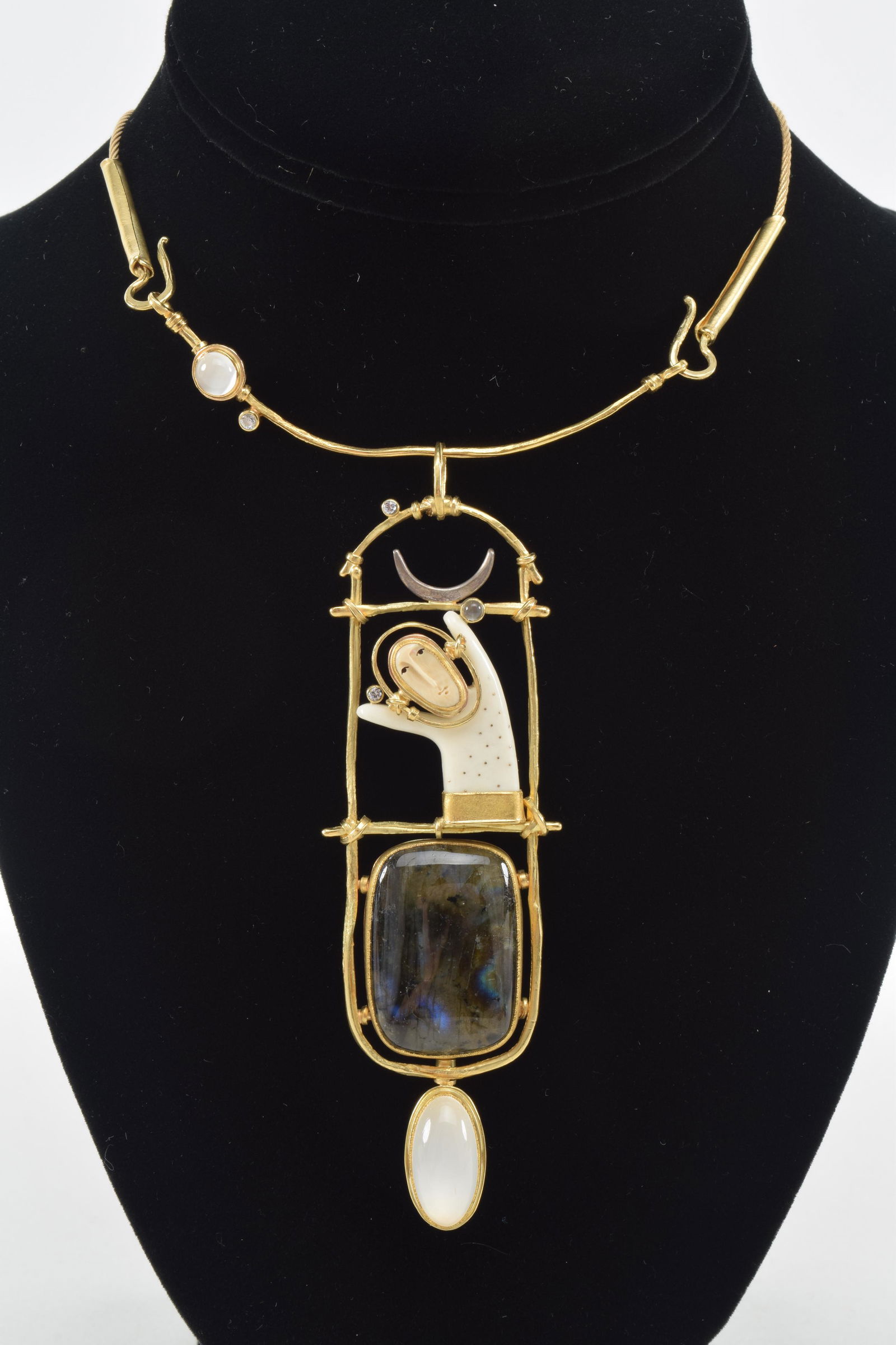 Carolyn Morris Bach, 18K, 22K gold and Sterling: Carolyn Morris Bach, 18K, 22K gold and Sterling contemporary jewelry, gold, diamond, bone and moonstone and polished agate pendant on gold and diamond and moonstone necklace. fantasy figure with carve