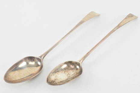 Hester Bateman and Thomas Wallis II Georgian sterling: Hester Bateman and Thomas Wallis II Georgian sterling silver stuffing spoons. 1) Hester Bateman stuffing spoon. 11.5in length. "2" engraved on back of neck. Partially worn hallmarks. 2) Thomas Wallis