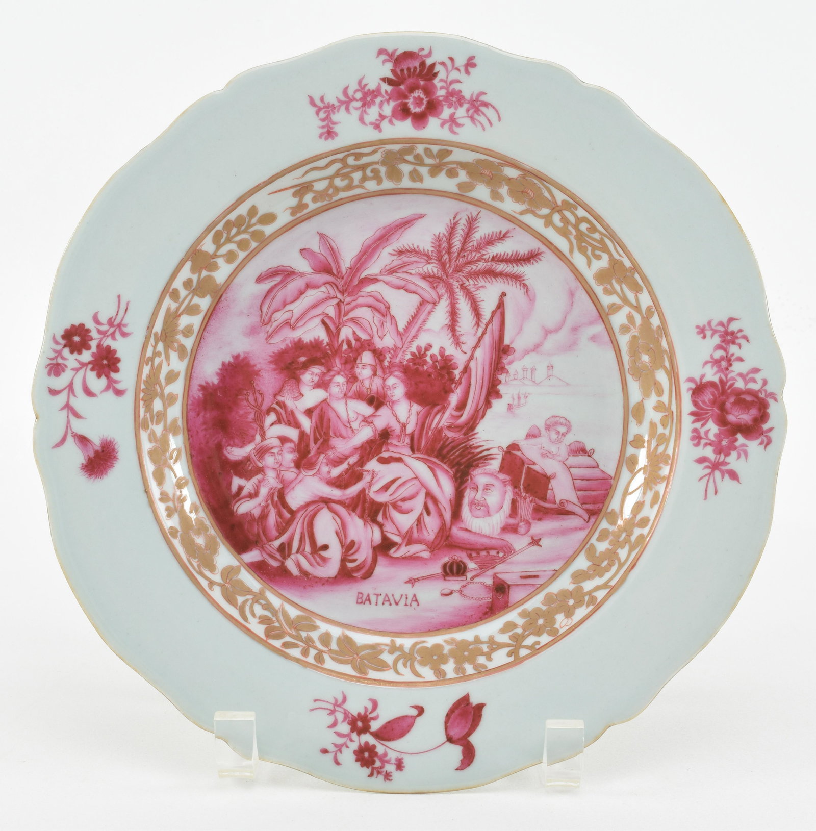 Chinese export porcelain en camaieu Batavia dish. 18th: Chinese export porcelain en camaieu Batavia dish. 18th century. Scene of figures and lion at edge of jungle with gilt floral band decoration. 9in wide.