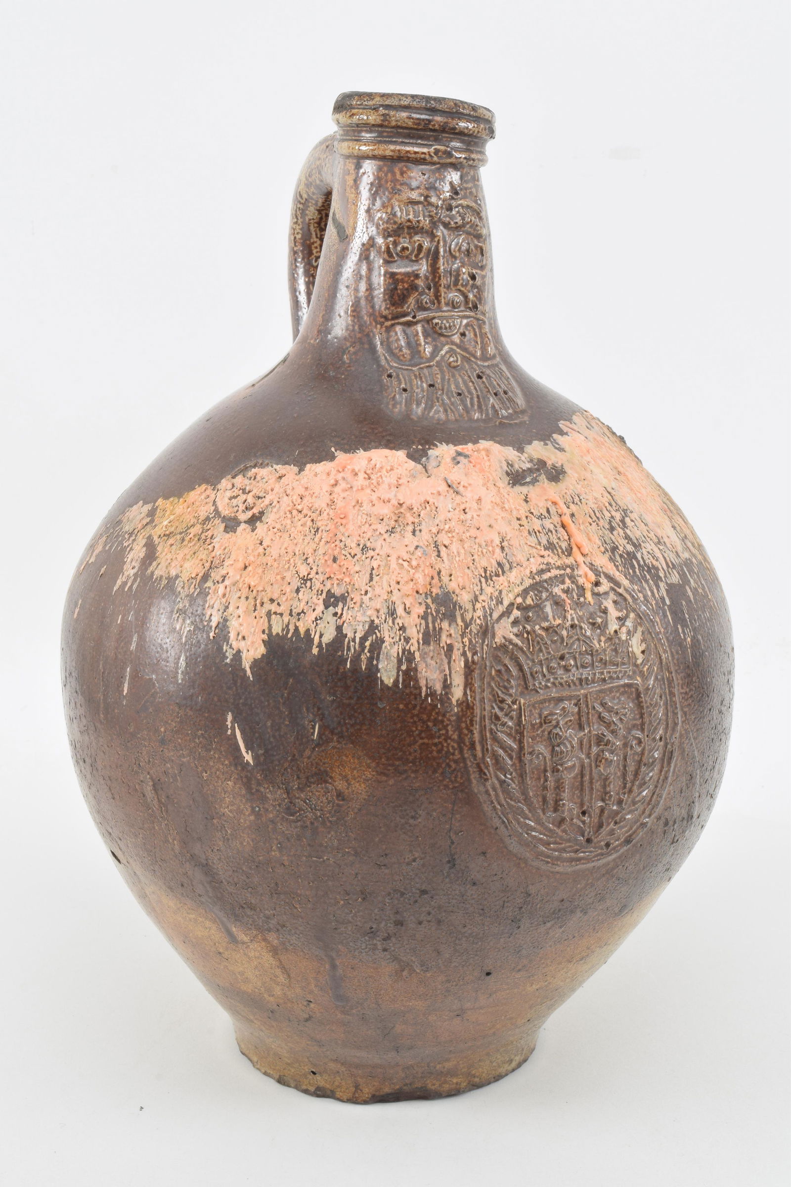 Large 17th century Bellarmine jug. Brown glaze. Figural (1 of 10)