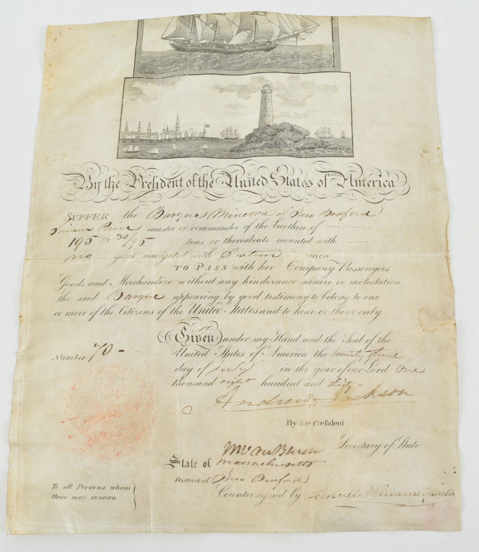 Andrew Jackson signed ship's passport. Partially (1 of 8)