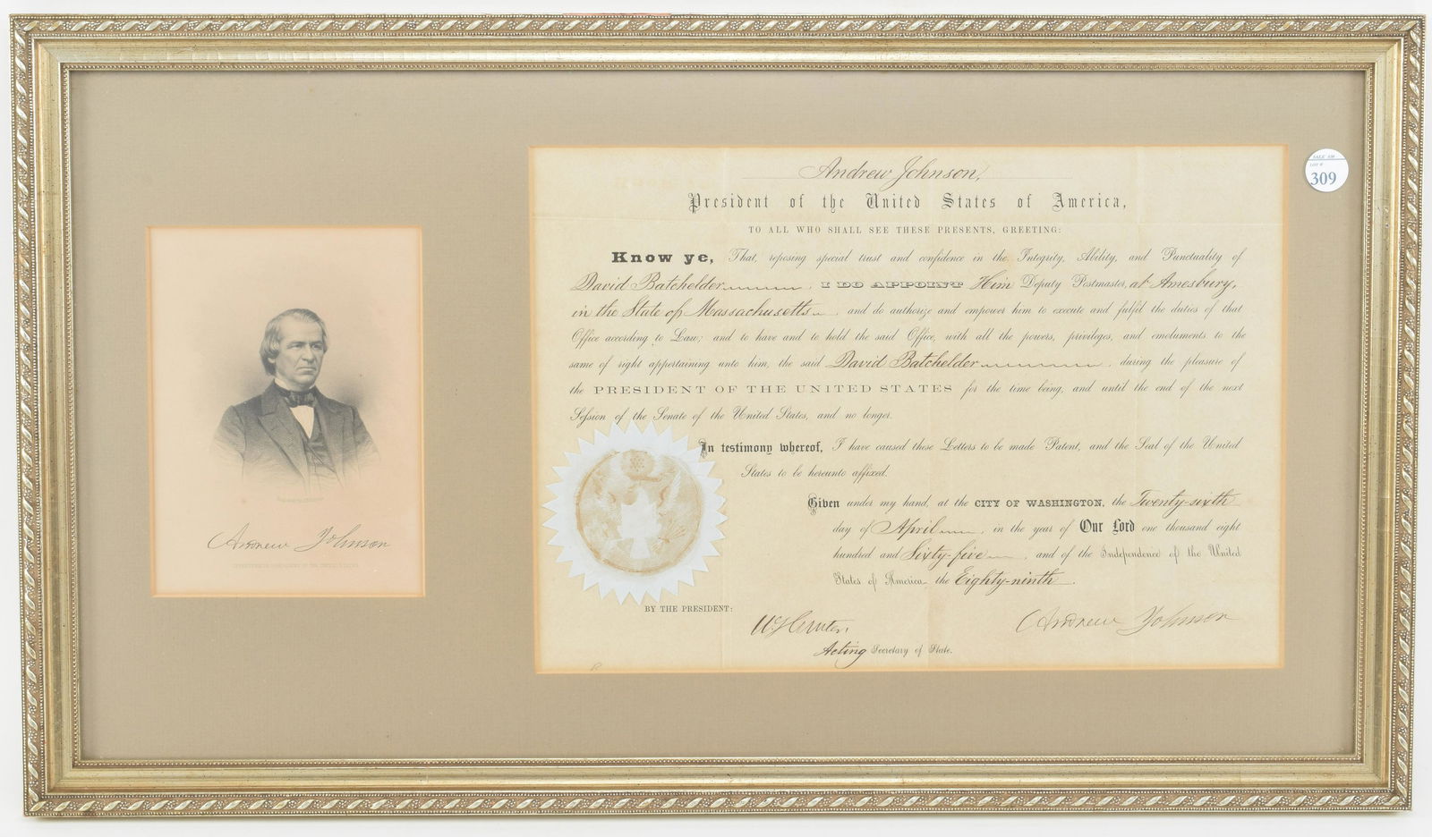 Andrew Johnson signed postmaster appointment. Document (1 of 8)