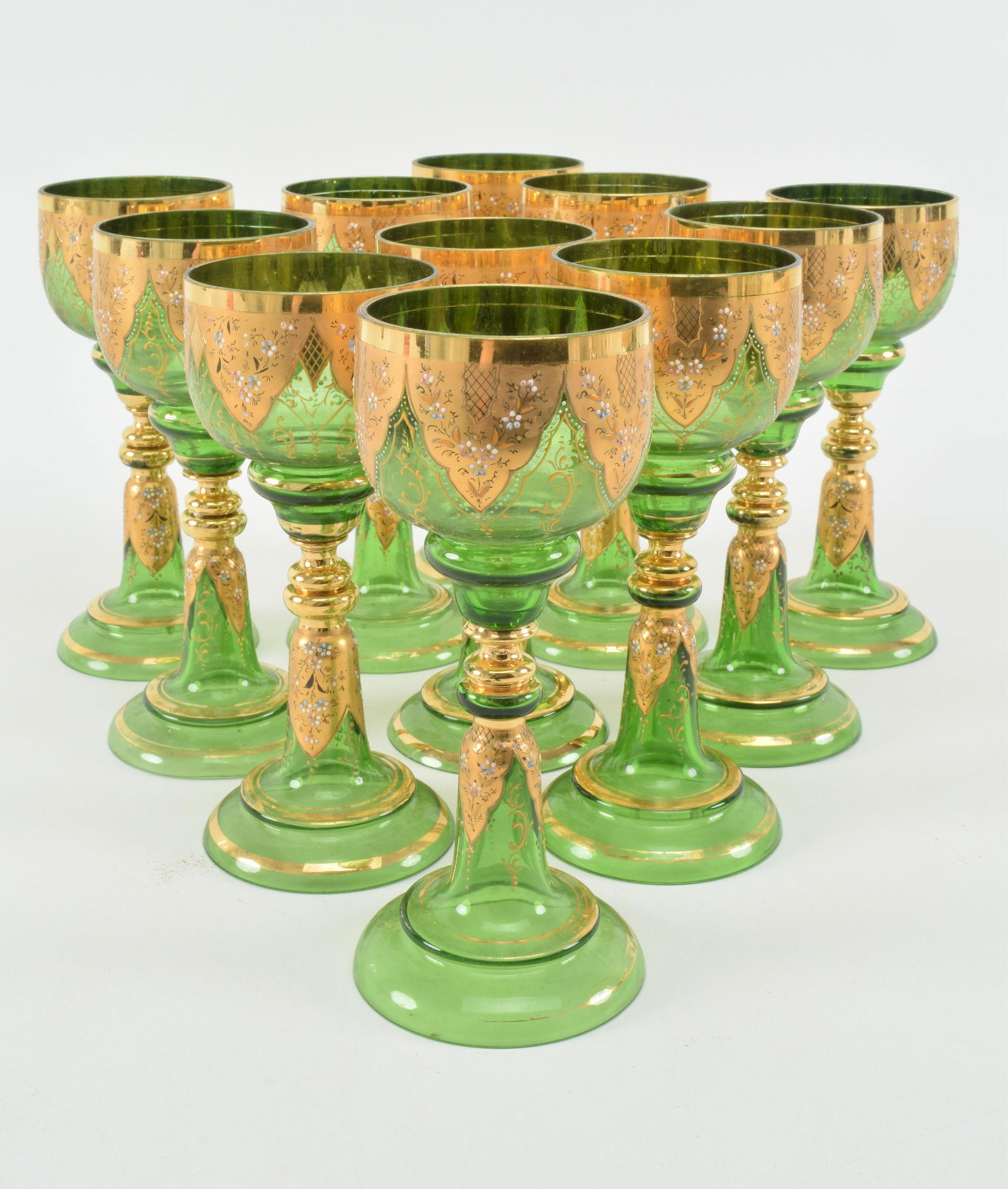 19th/20th century Moser green glass goblets with gilt (1 of 7)