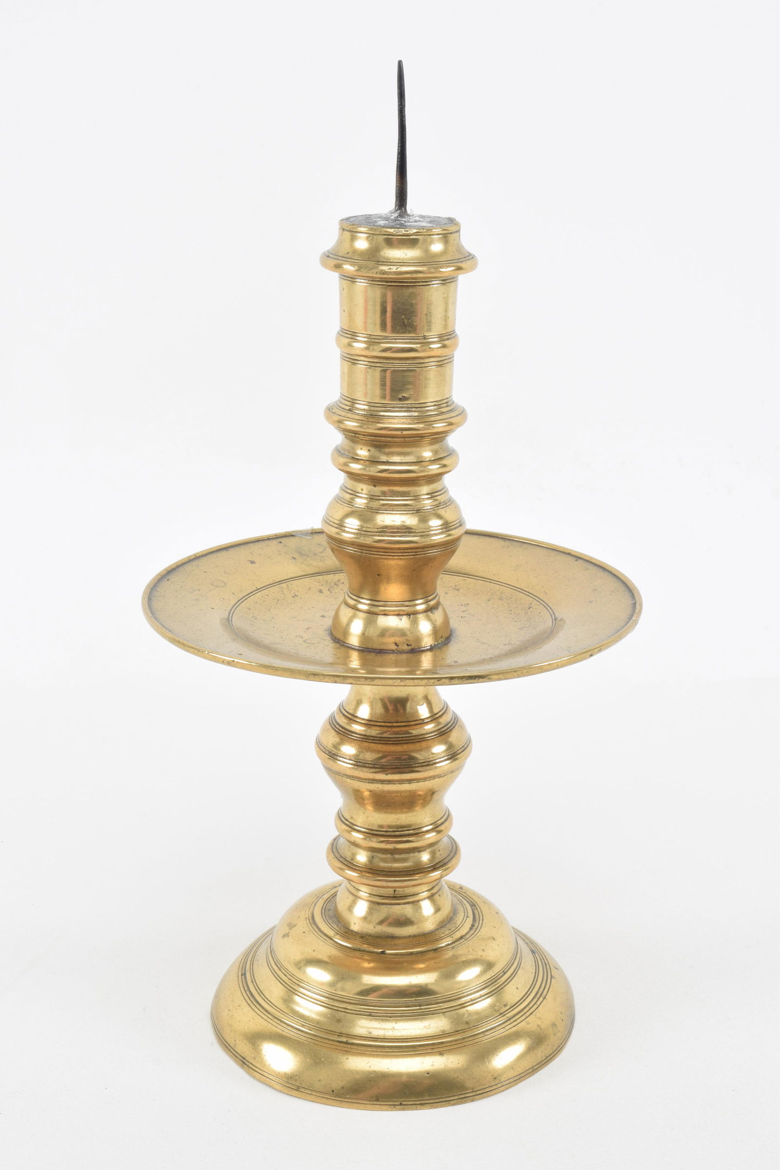 17th century bronze candlestick with dish and turned (1 of 8)