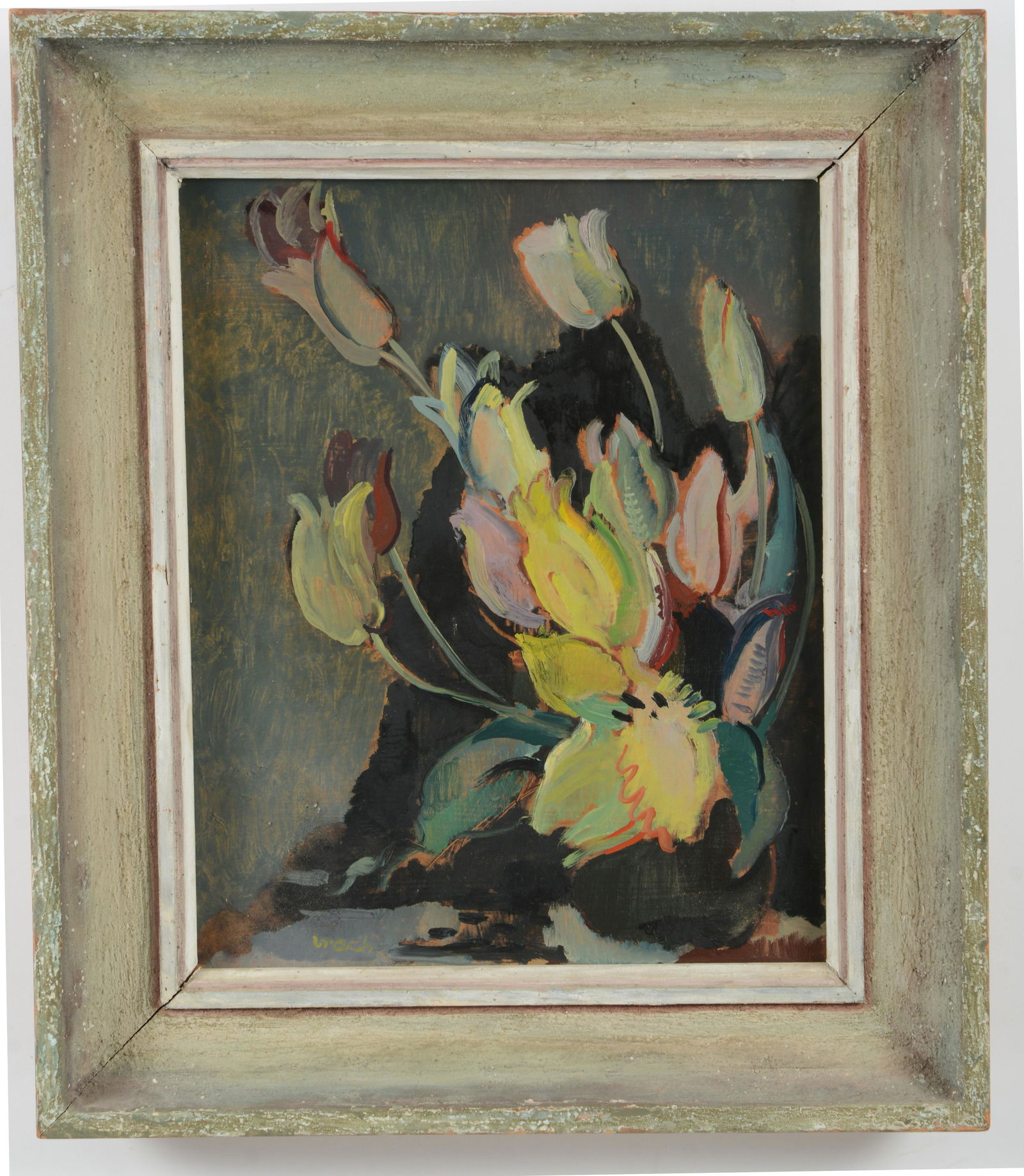 Albrecht Furst von Urach. Germany. Modernist floral: Albrecht Furst von Urach. Germany. Modernist floral still life. Oil on masonite. Framed. Label on reverse with title and artist name. Sight: 21.75 x 17.5in. Overall: 29 x 24in.