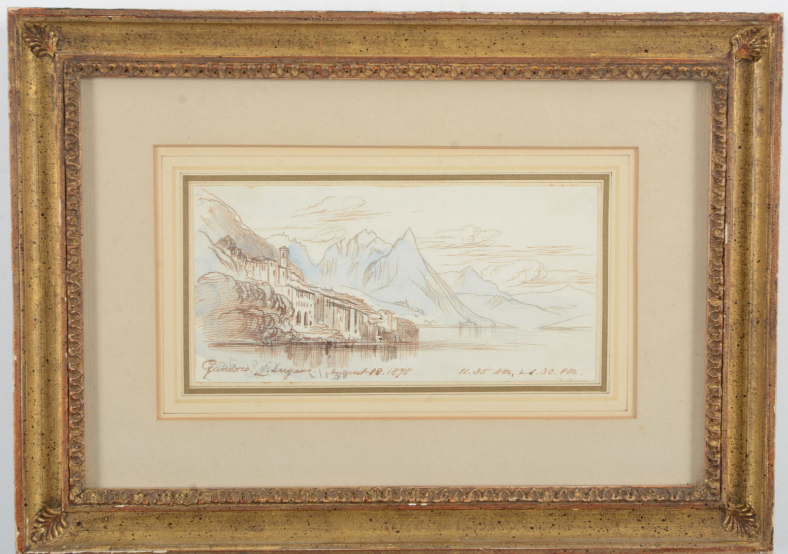 Edward Lear. English. "Gandrio on Lake Lugano. Sepia: Edward Lear. English. "Gandrio on Lake Lugano. Sepia ink and blue wash. 1878. Inscribed along lower border. Framed under glass. Davis Galleries New York City label on reverse with title and info. Sigh