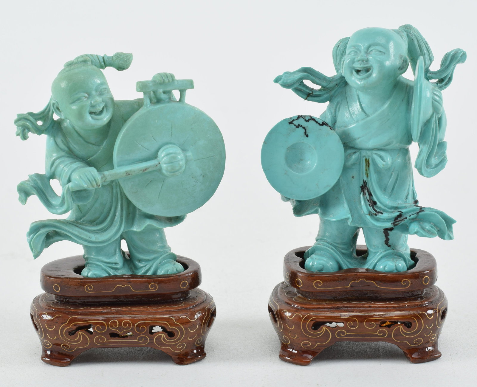Lot of 2 carved Chinese turquoise figures on wood (1 of 8)