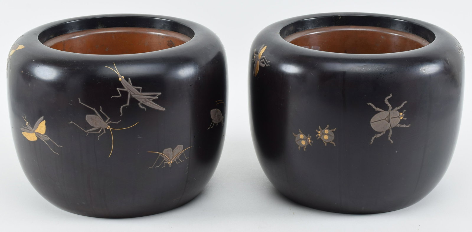 Pair of braziers. Japan. Meiji period (1868-1912).: Pair of braziers. Japan. Meiji period (1868-1912). Hibachi of lined carved wood with maki-e lacquer of various insects. 11 x 9in.