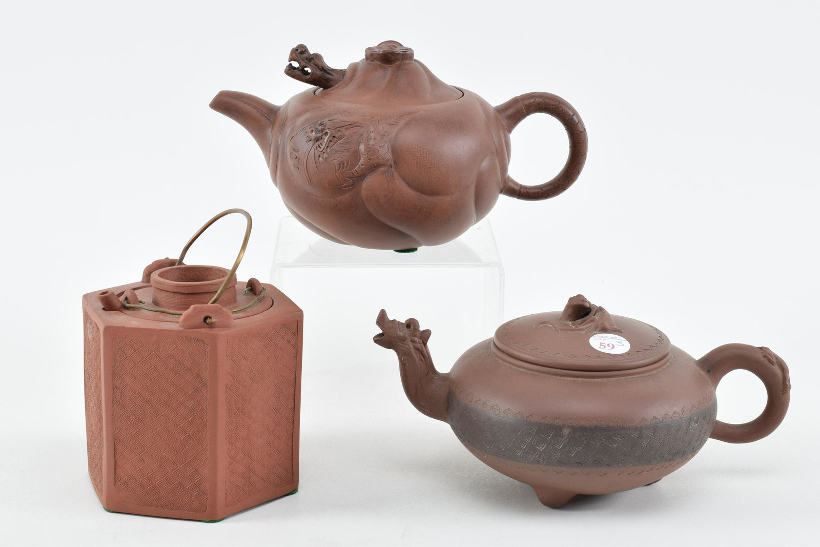 Lot of 3 19th/20th century Yixing teapots. 1) Melon (1 of 16)