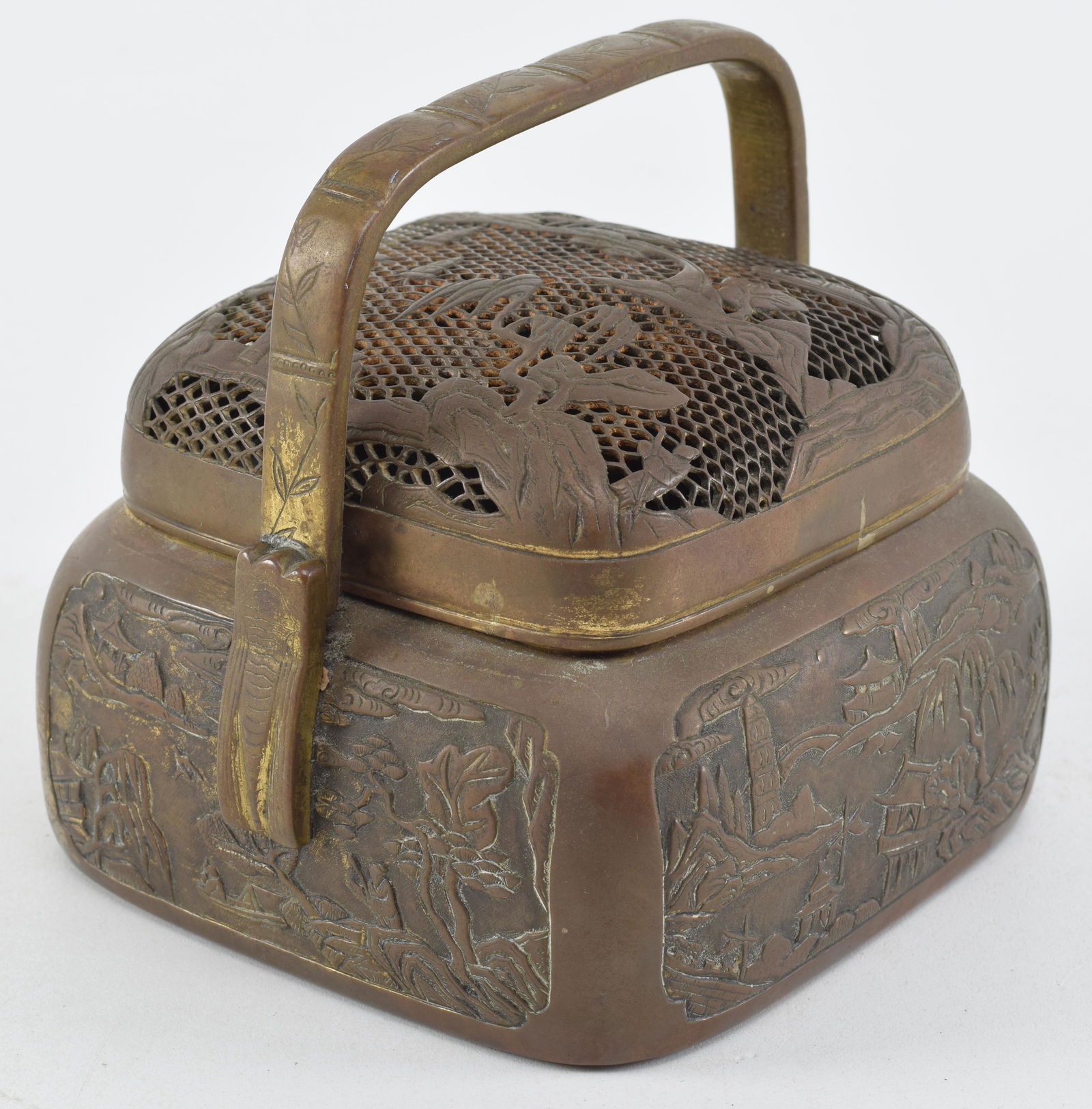 19th century Chinese brass square handled hand warmer. (1 of 10)