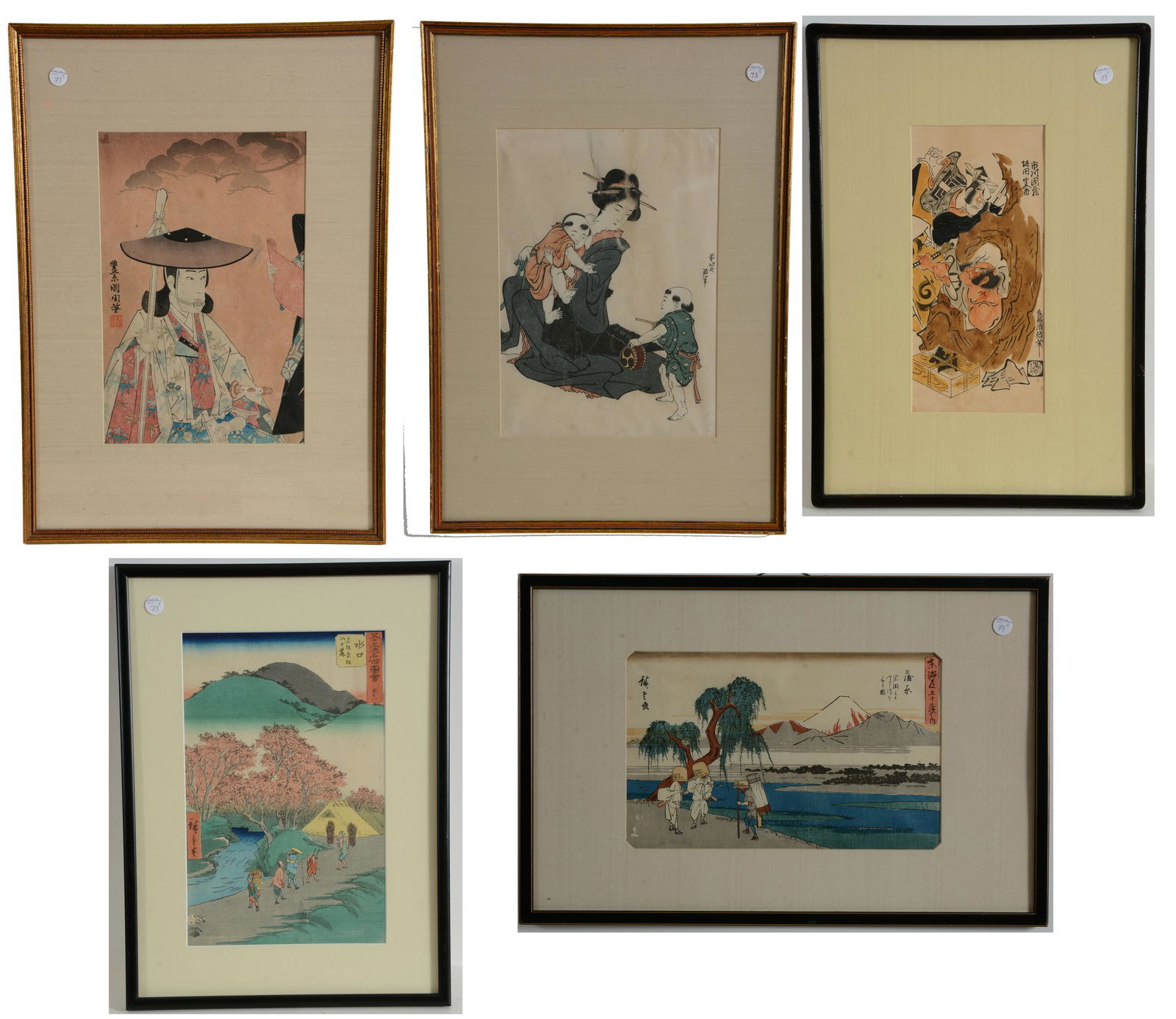 5 framed Japanese woodblock prints. Figural scenes (1 of 10)