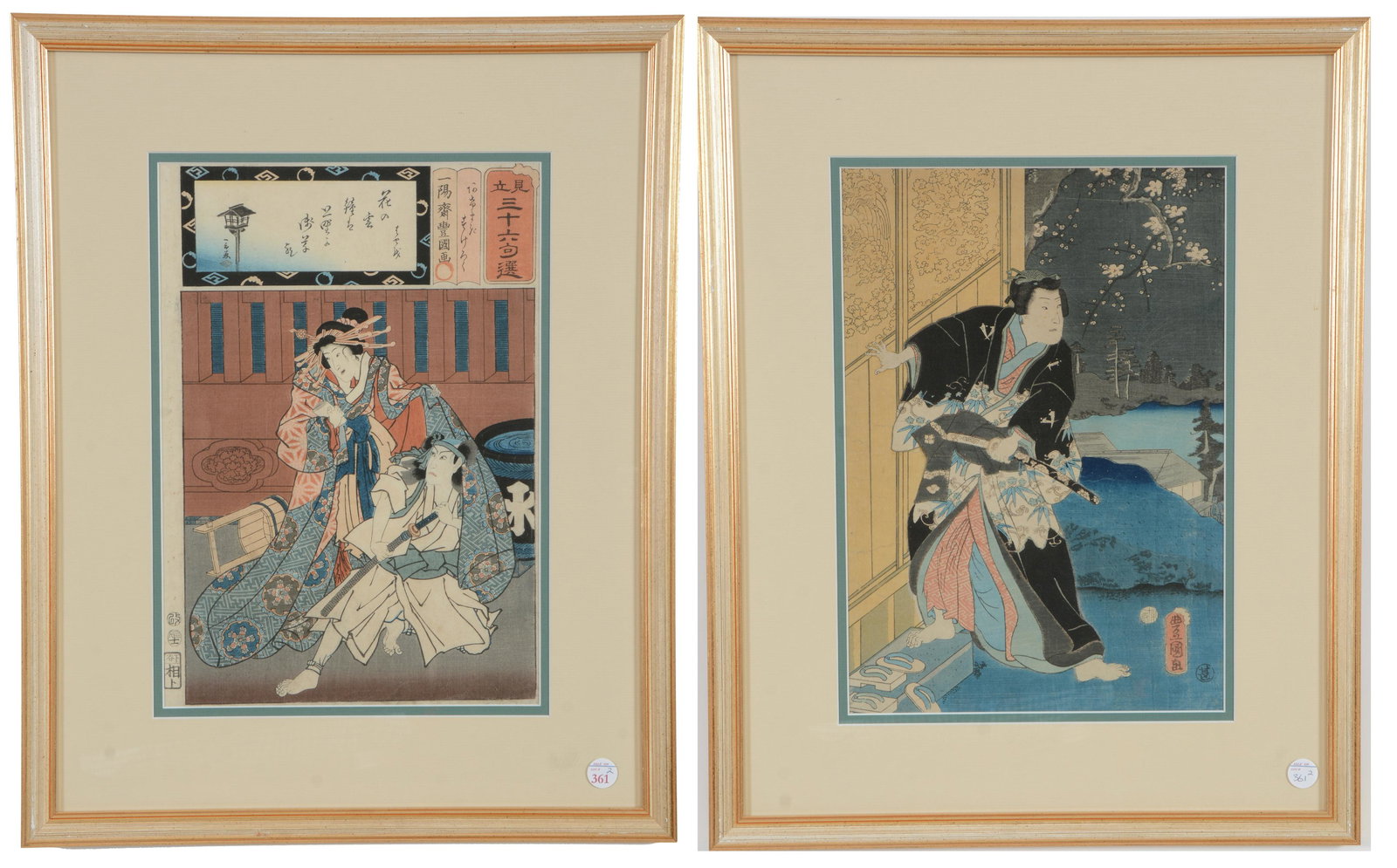2 Japanese woodblock prints. 19th century. Framed under (1 of 10)