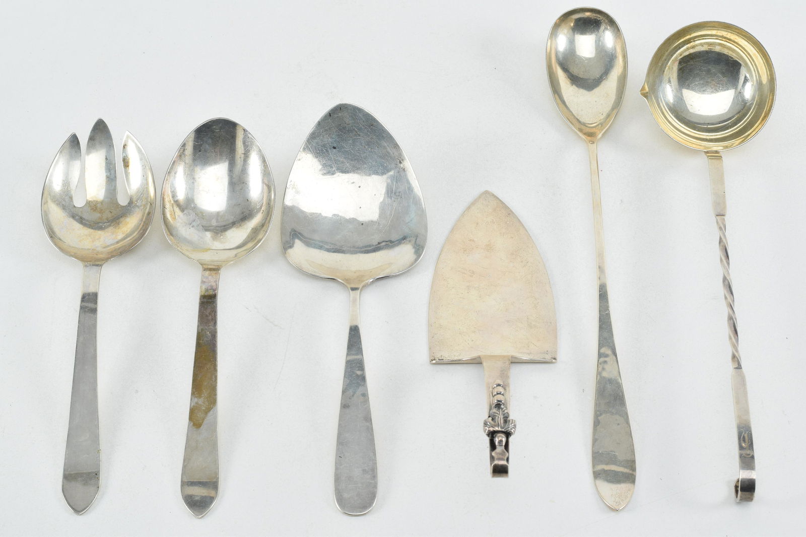 Lot of six silver large serving pieces. (1) Salad set. (1 of 8)