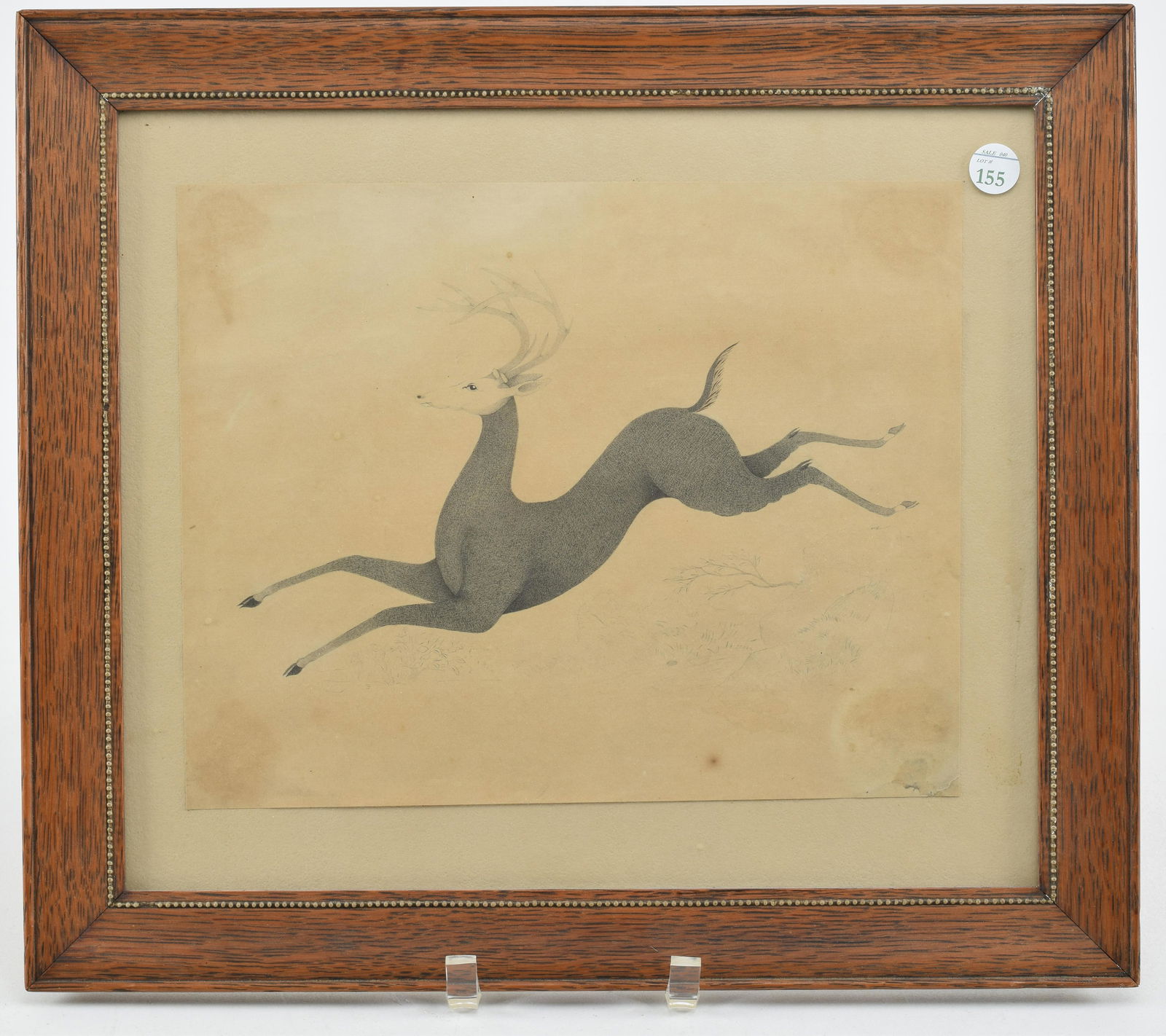 Mid 19th century graphite drawing of a leaping stag. (1 of 6)