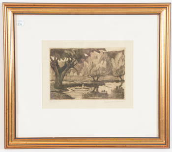 Paul Emile Pissarro. French. "Man Fishing". Etching of: Paul Emile Pissarro. French. "Man Fishing". Etching of a man fishing in a boat. Signed in pencil lower right and stated "2d etat no. 1" lower left. Framed under glass. Stern Gallery label on reverse.