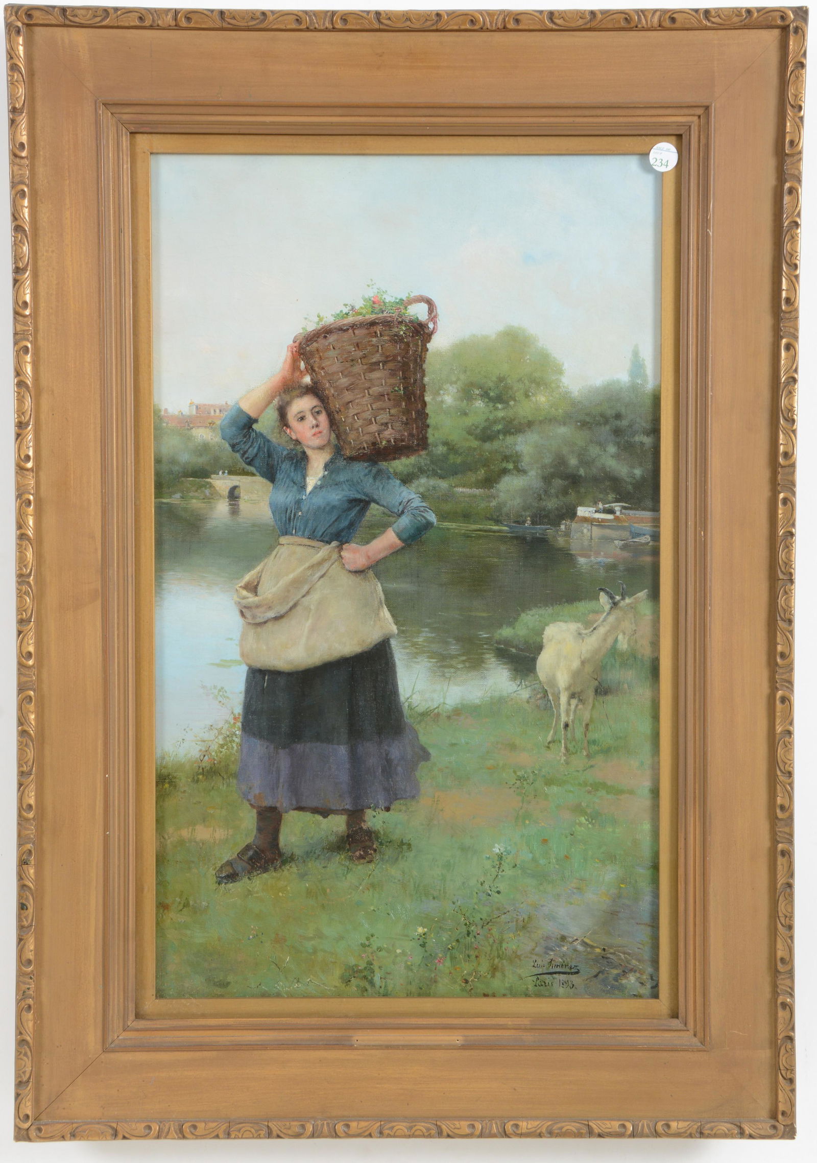 Luis Jimenez y Aranda. Spain. Landscape scene with a: Luis Jimenez y Aranda. Spain. Landscape scene with a young woman carrying basket of flowers with a goat following by the river. Oil on canvas. Framed under glass. Signed lower right and Paris 1893. Re