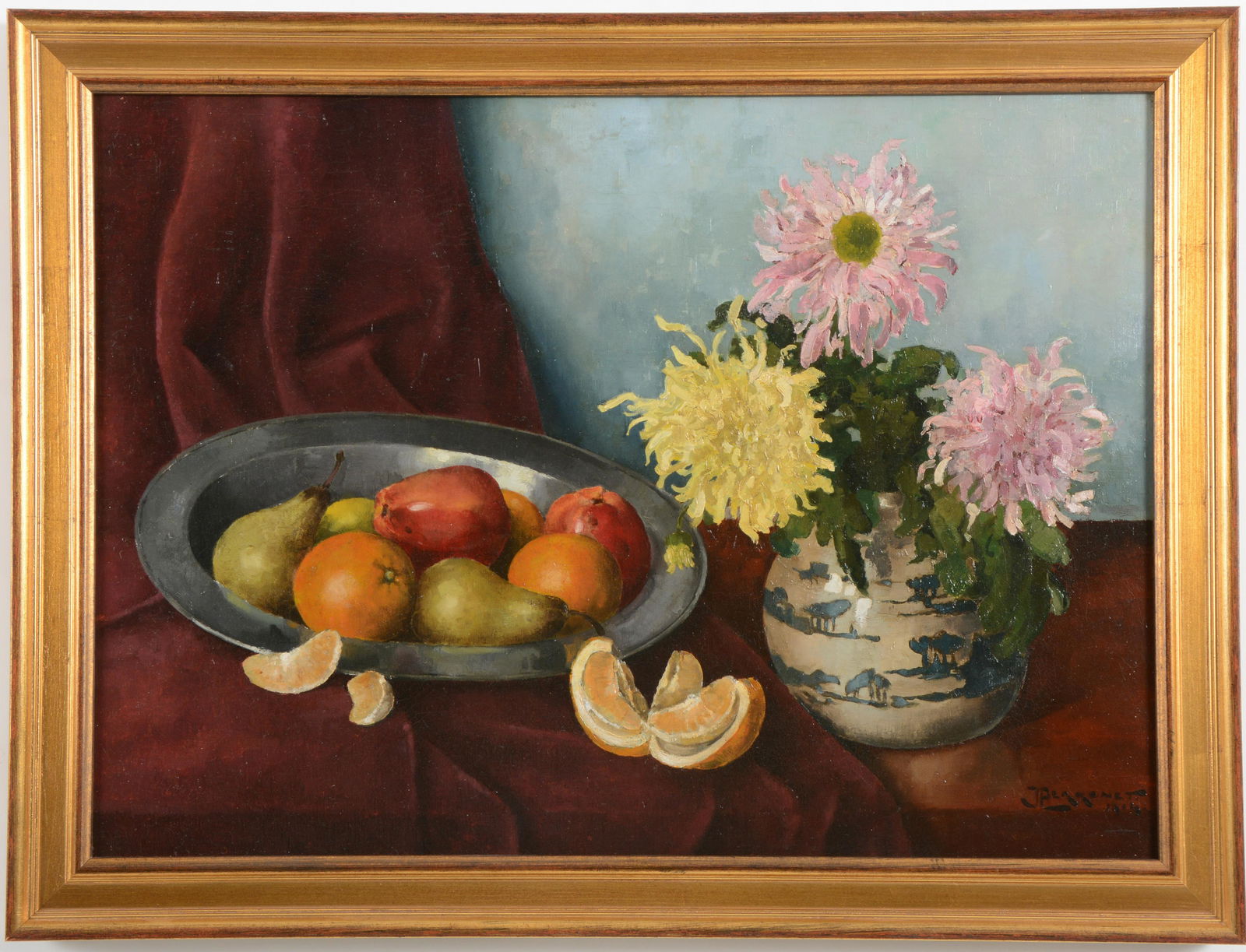 1914 tabletop still life with fruit and flowers. Signed (1 of 6)