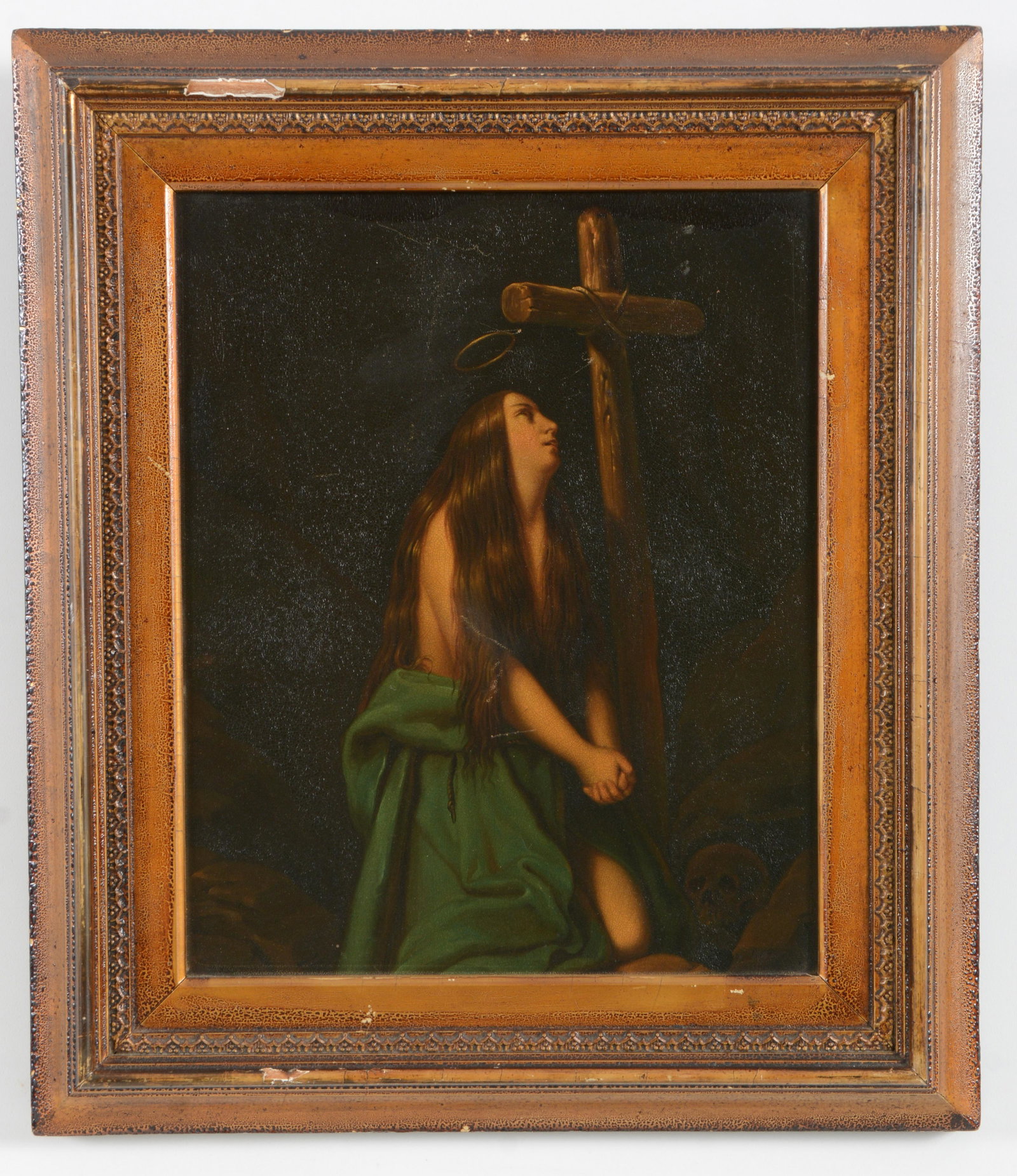 19th century Continental School. Penitent Magdelena.: 19th century Continental School. Penitent Magdelena. Attributed to Emile Signol. Oil on metal. Label on reverse. Framed. Sight: 11 x 9.25in. Overall: 15 x 13in.