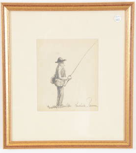 Paul Emile Pissarro. French. "Man Fishing". Charcoal: Paul Emile Pissarro. French. "Man Fishing". Charcoal drawing on paper. Signed lower right. Framed under glass. Stern Gallery label on reverse. Sight: 8 x 7in. Overall: 16 x 14.5in.