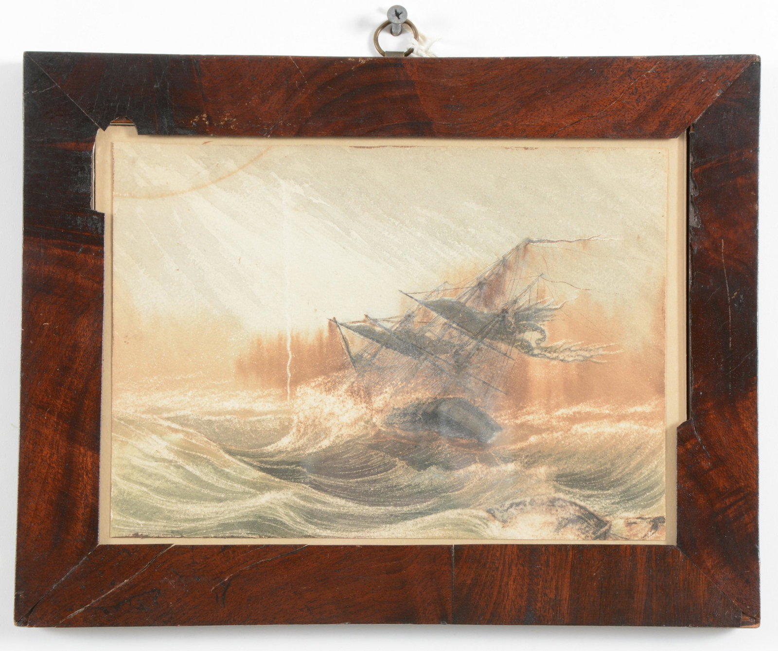 American School 1827 "New York Sloop of War Natchez in: American School 1827 "New York Sloop of War Natchez in a storm at night, south side of Cuba off Tins island, 1827." Captain Budd possibly the artist. In original frame. Watercolor on paper. Sight: 6 x
