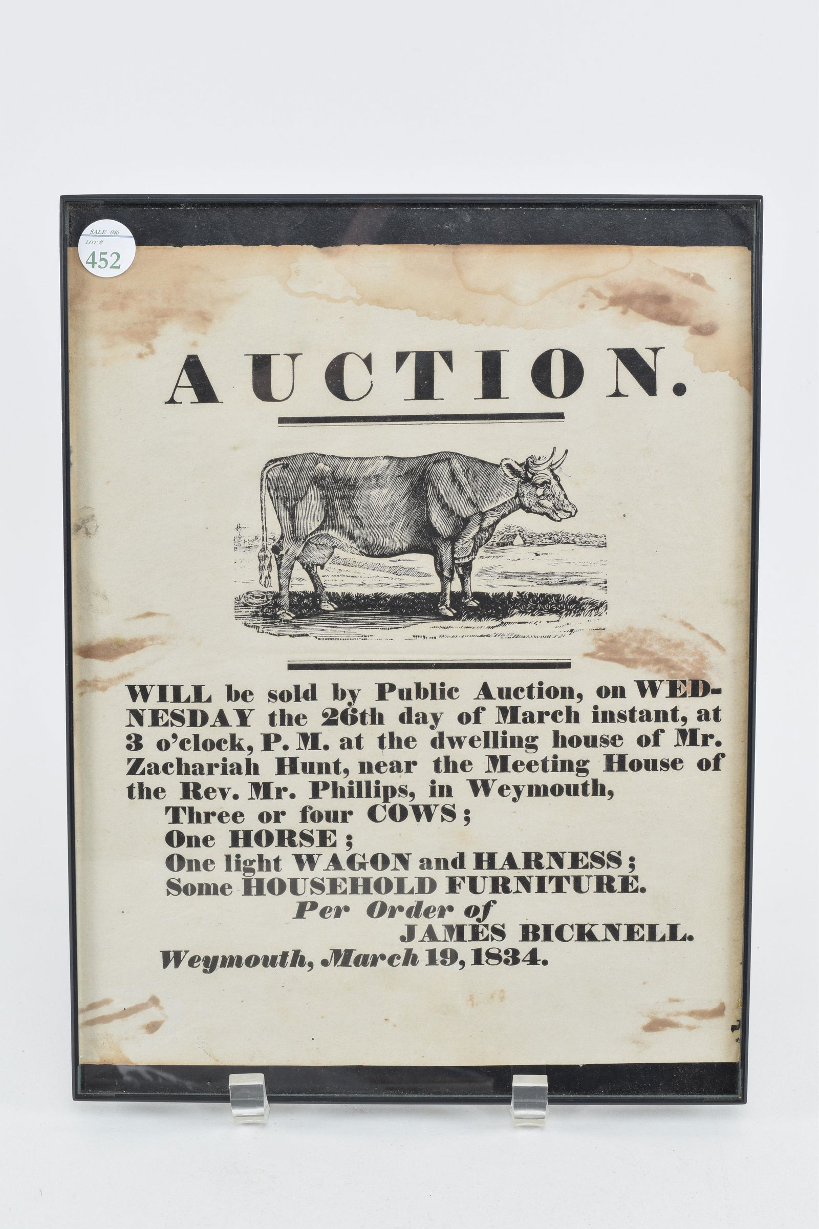 Weymouth, Massachusetts 1834 auction broadside. At the (1 of 3)