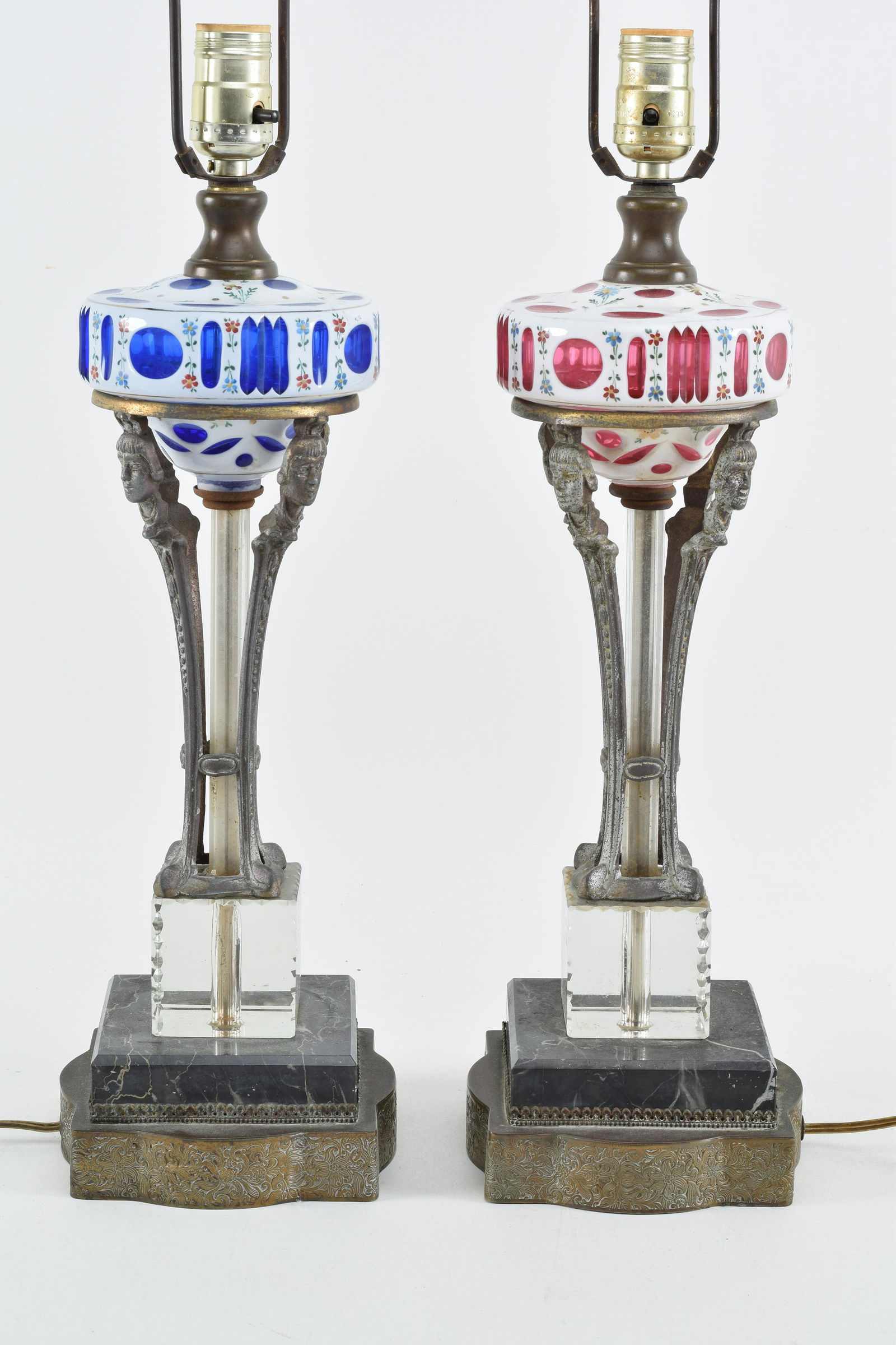 Pair of 20th century colored cut glass overlay lamps (1 of 10)