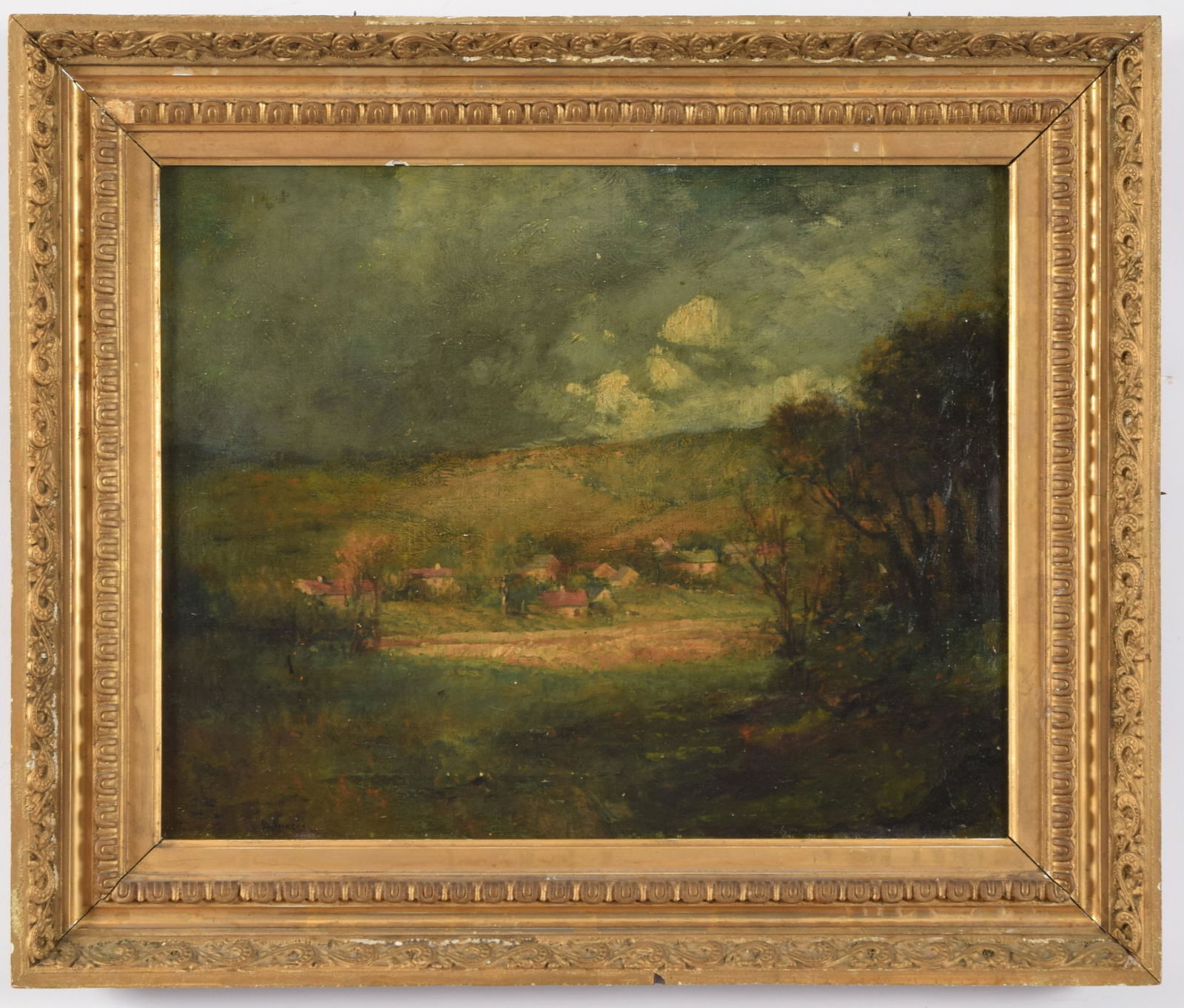 19th century American school landscape with village: 19th century American school landscape with village bearing a false George Inness signature lower left. Oil on canvas. Framed. Relined. Floresces at signature. Sight: 16 x 20in. Overall: 22 x 25.5in.