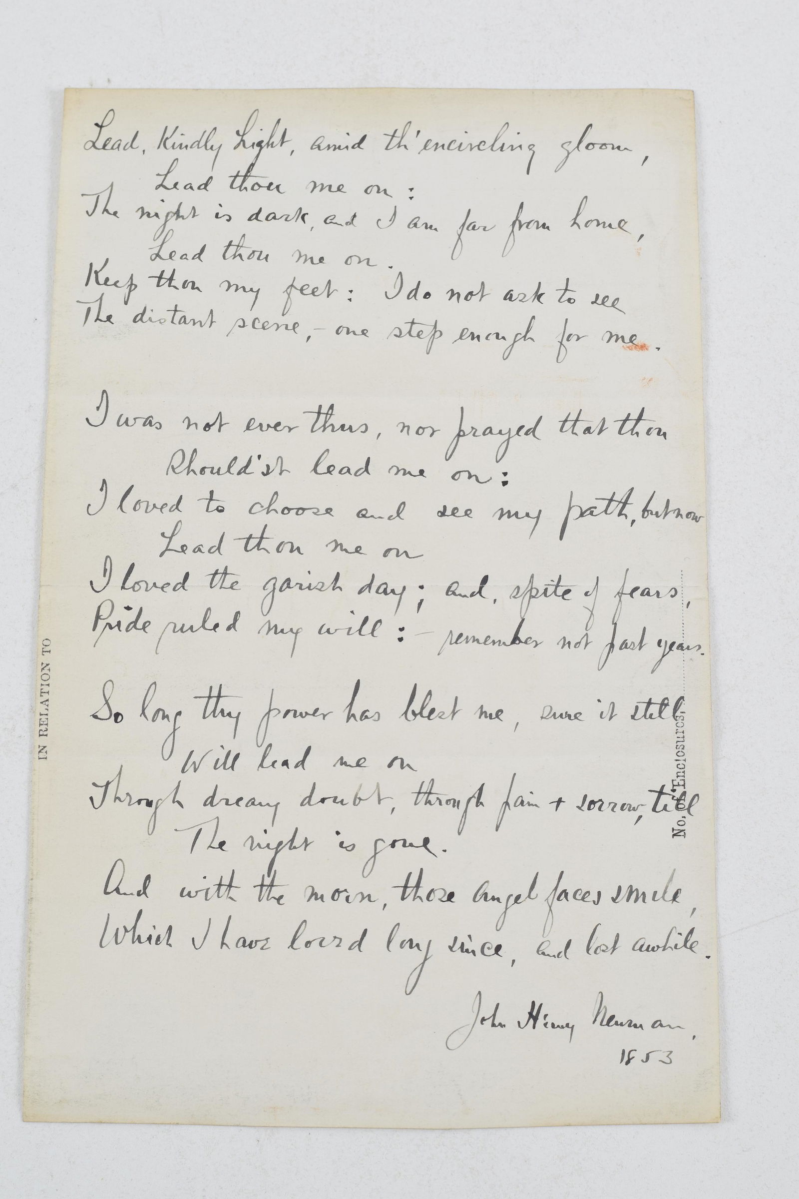 John Henry Newman. 1853 original handwritten religious: John Henry Newman. 1853 original handwritten religious poem. Signed and dated at bottom. Newman served as a Cardinal in the Catholic Church and was a noted theologian and scholar. He was sainted in 20
