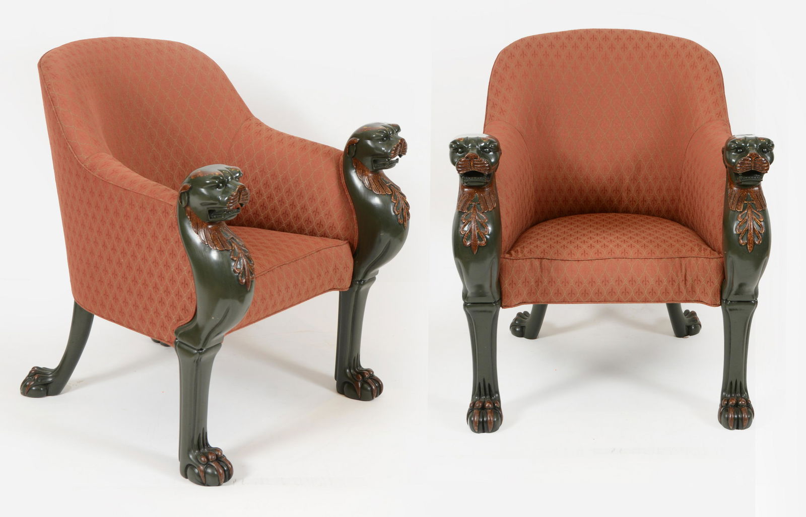 Pair of barrel back easy chairs Griffin or Lion carved (1 of 5)