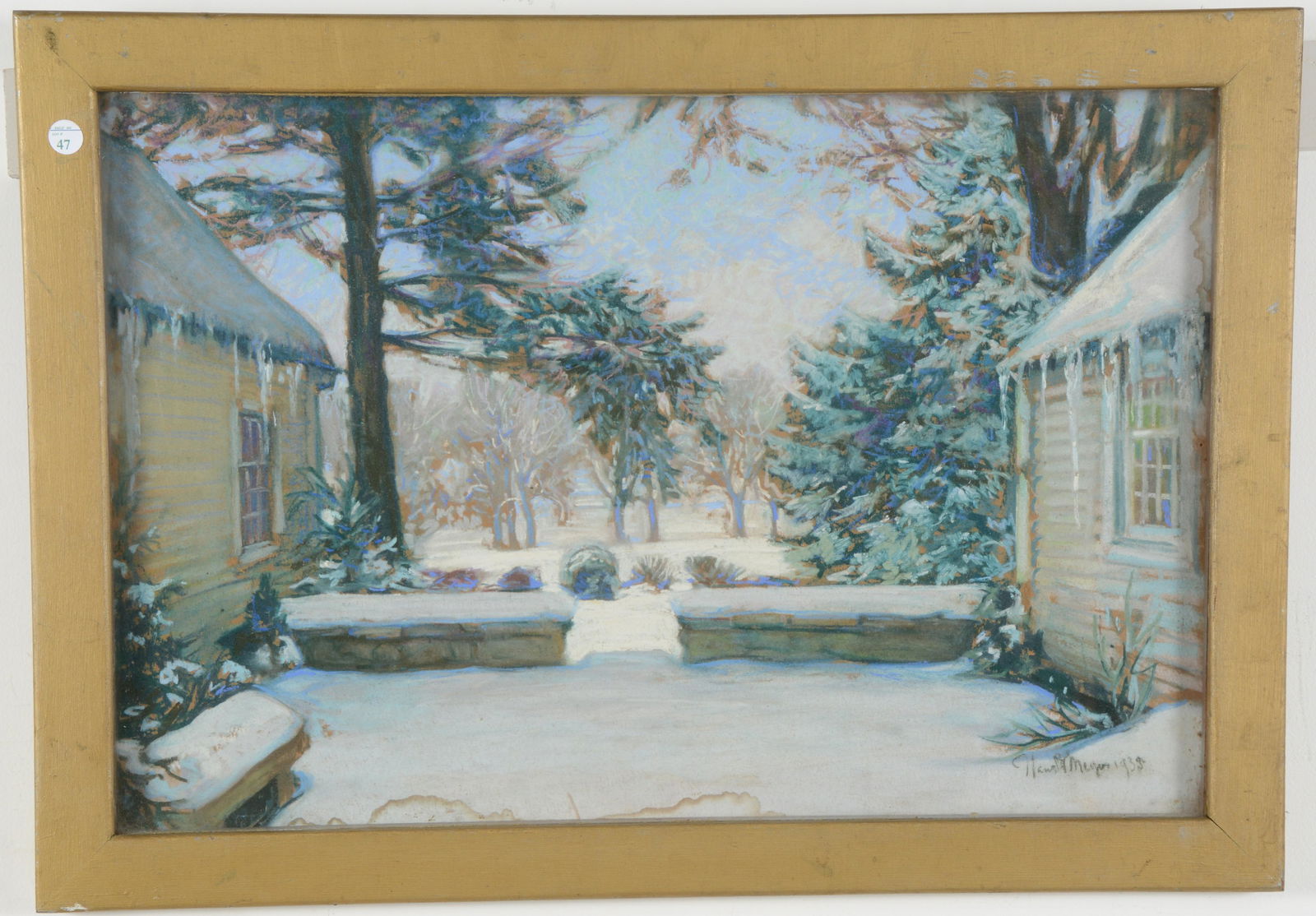 1935 Winter landscape with tall pines and buildings. (1 of 7)