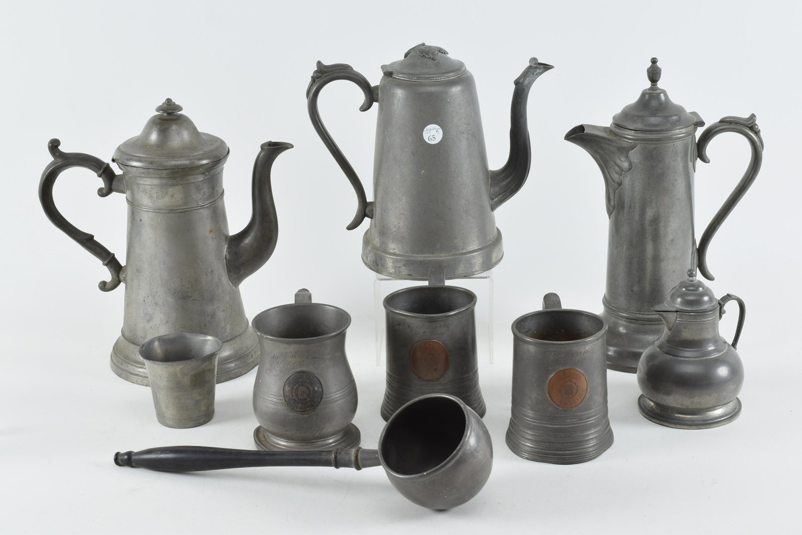 Collection of 9 pieces of 19th and 20th century pewter: Collection of 9 pieces of 19th and 20th century pewter holloware including covered coffee and teapots, dipper and Weston CC trophies. Tallest coffee pot 12 in.