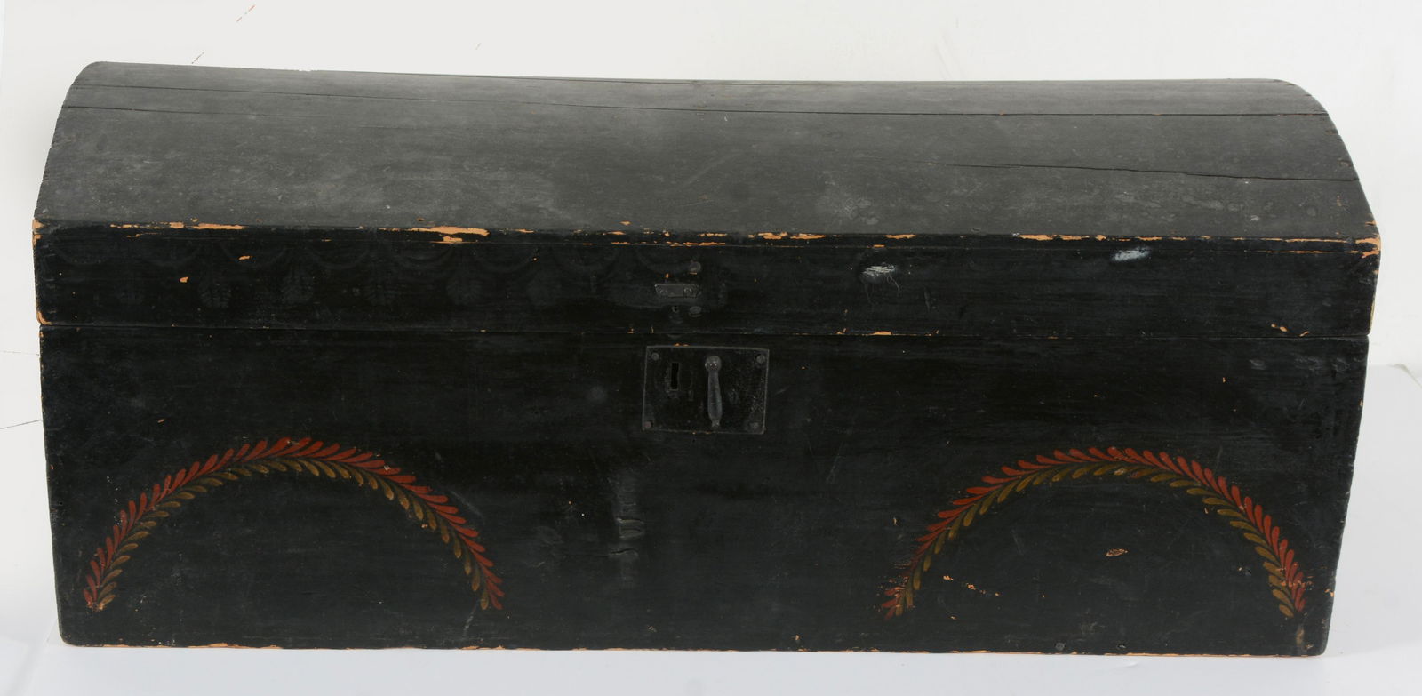 19th century paint decorated dome top trunk. Red and (1 of 7)