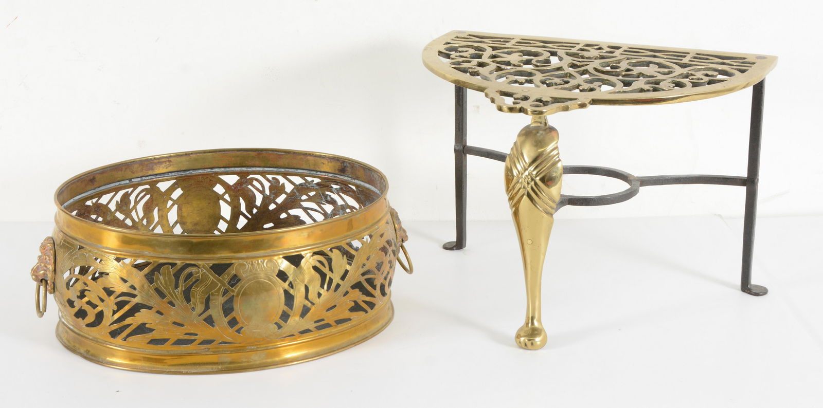 2 19th Century brass items, an oval pierced cach-pot (1 of 5)