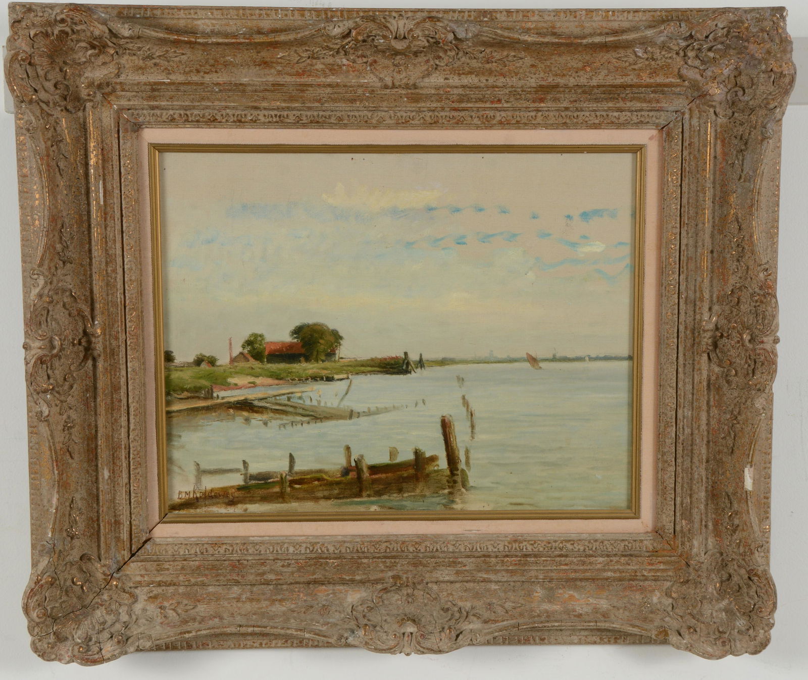 Harbor scene painting. Oil on canvas. Signed B. M. (1 of 7)