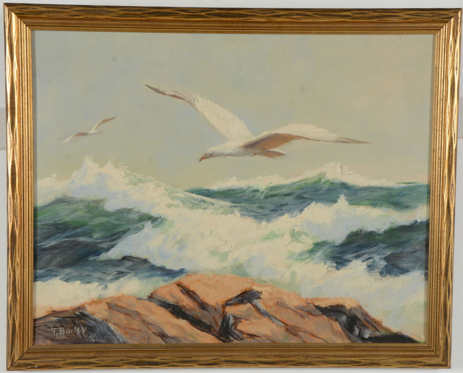 T. Bailey. Coastal seascape with low flying seagulls.: T. Bailey. Coastal seascape with low flying seagulls. Oil on canvas. Signed lower left. Puncture/right angle tear right center. Sight: 18.5 x 23.5in. Overall: 21.5 x 26.5in.