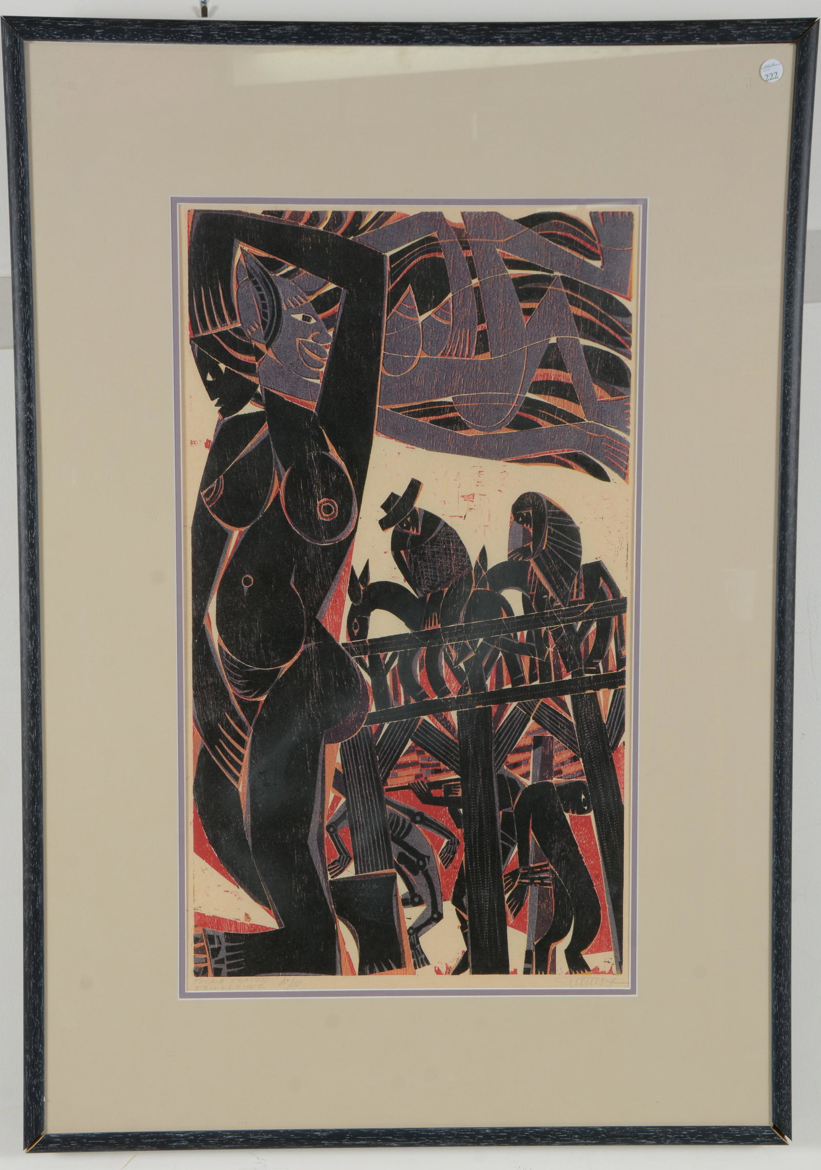 German expressionist color intaglio print. "Tocaia: German expressionist color intaglio print. "Tocaia Grande Erinnerung". Image depicting a nude African woman with figures in background. Signed, titled, dated, and numbered in pencil along lower margin