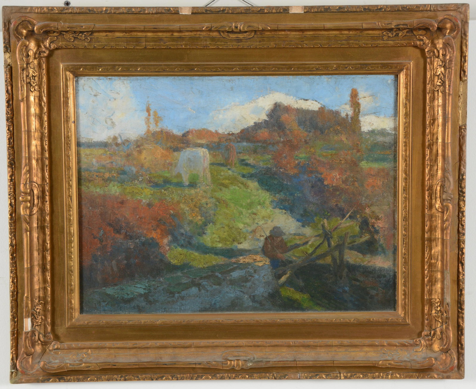 Antique impressionist painting of a shepherd by a fence: Antique impressionist painting of a shepherd by a fence in pasture with a white cow. Oil on canvas. Signed illegibly lower left. Framed. Sight: 12 x 16in. Overall: 18 x 22in.
