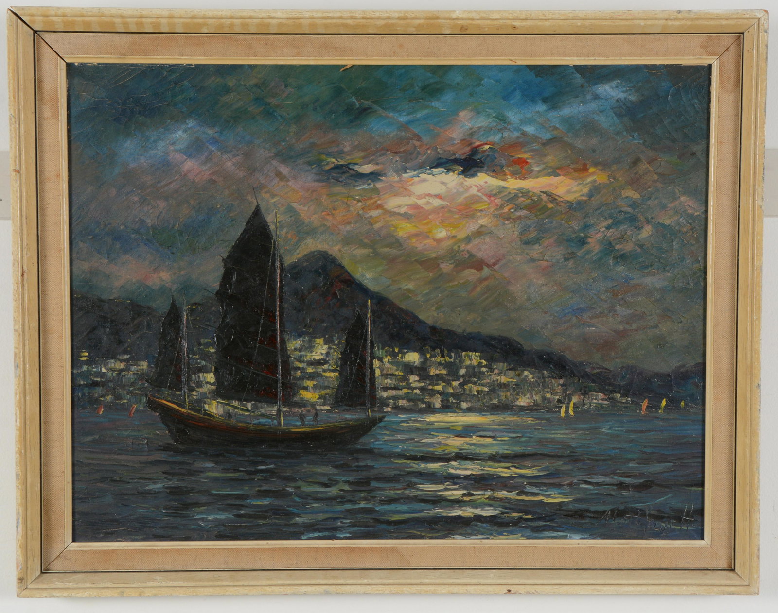 Signed Asian seascape painting with Junk before a: Signed Asian seascape painting with Junk before a coastal city in moonlight. Oil on canvas. Signed Matthew Ha (?) lower right. Framed. Sight: 17.5 x 23in. Overall: 21 x 27in.