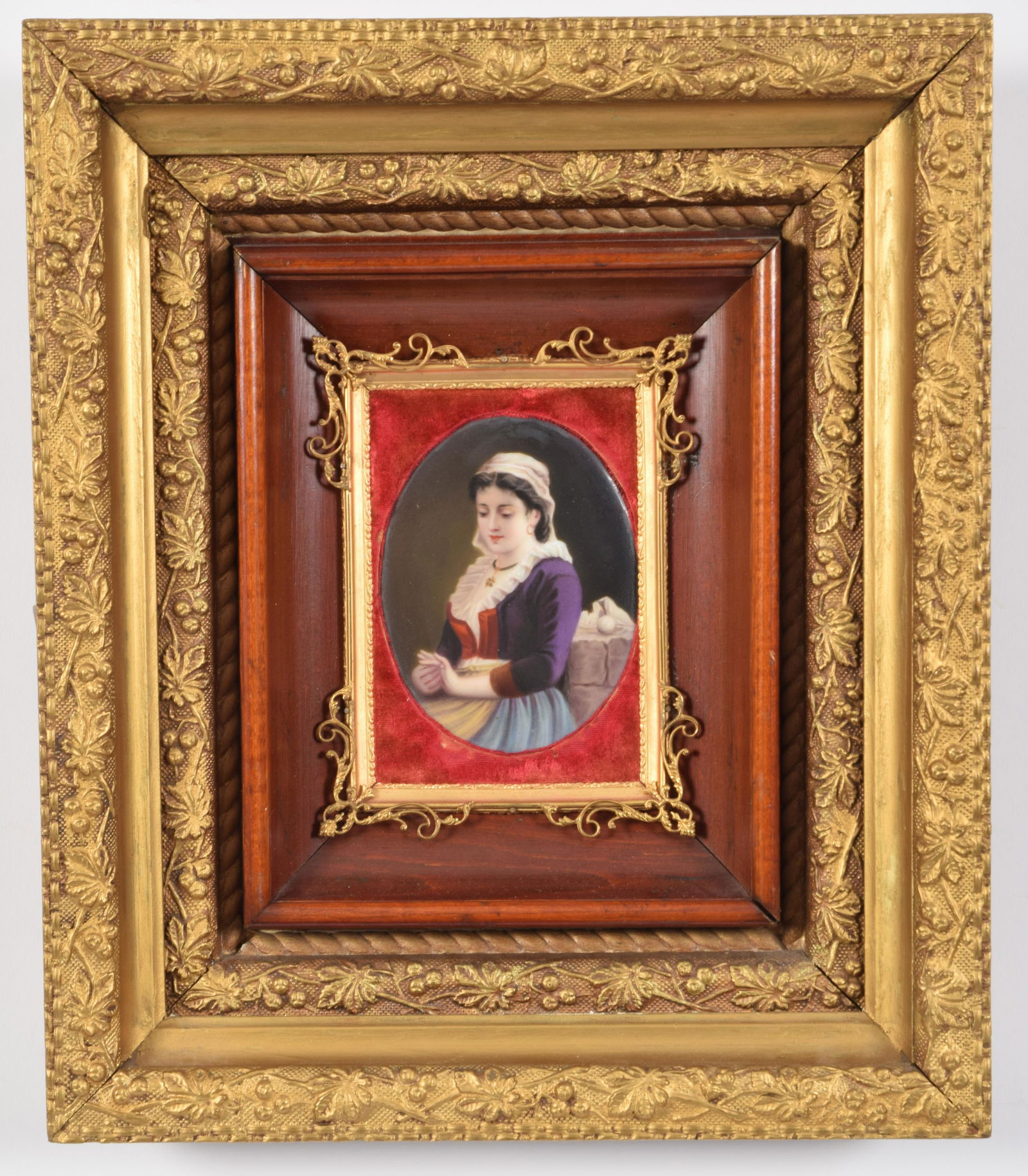 Painting on porcelain of young woman in purple jacket (1 of 4)