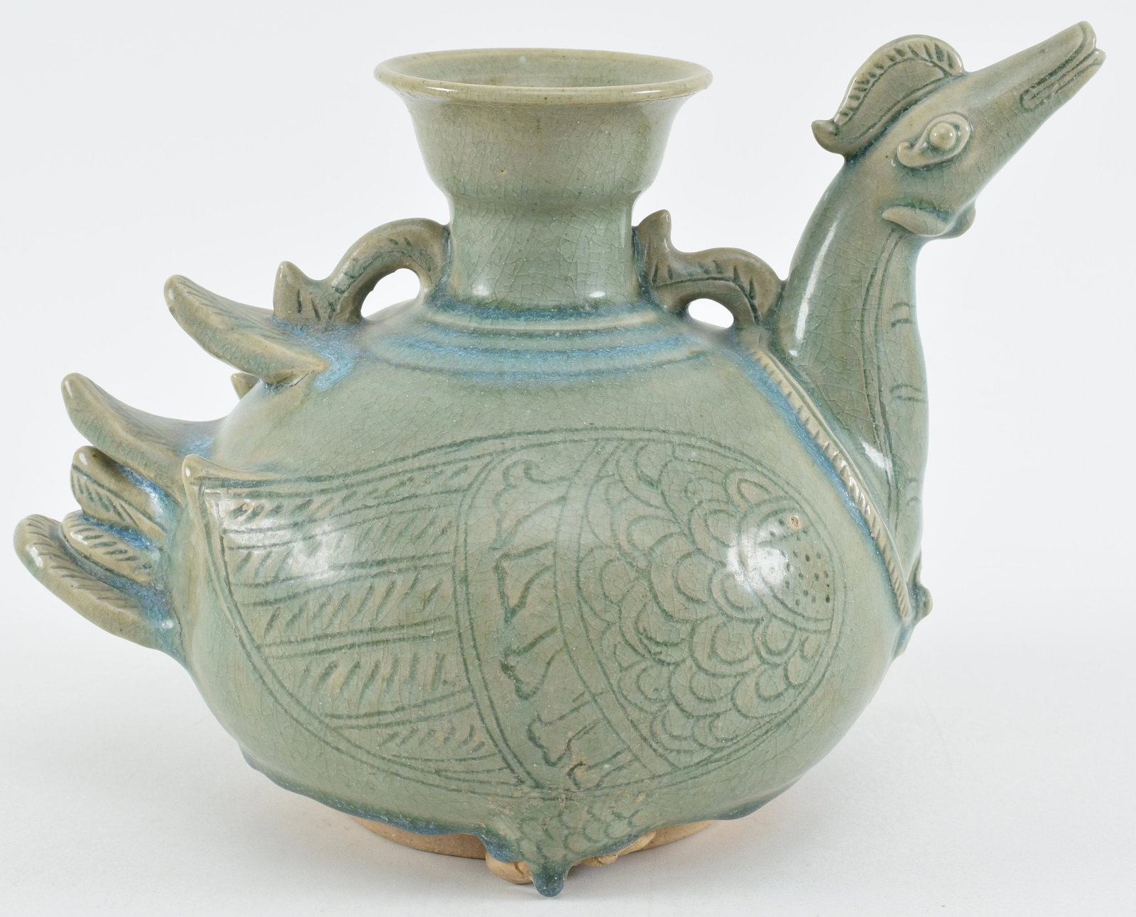 Thai Sawankhalok celadon glazed figural ewer. 11in (1 of 5)