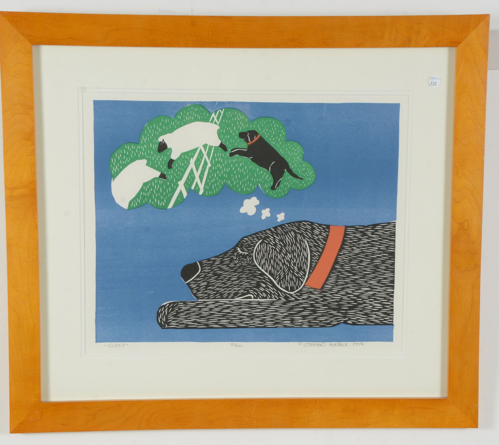 Stephen Huneck. "Sleep". Woodblock print of a dreaming (1 of 7)
